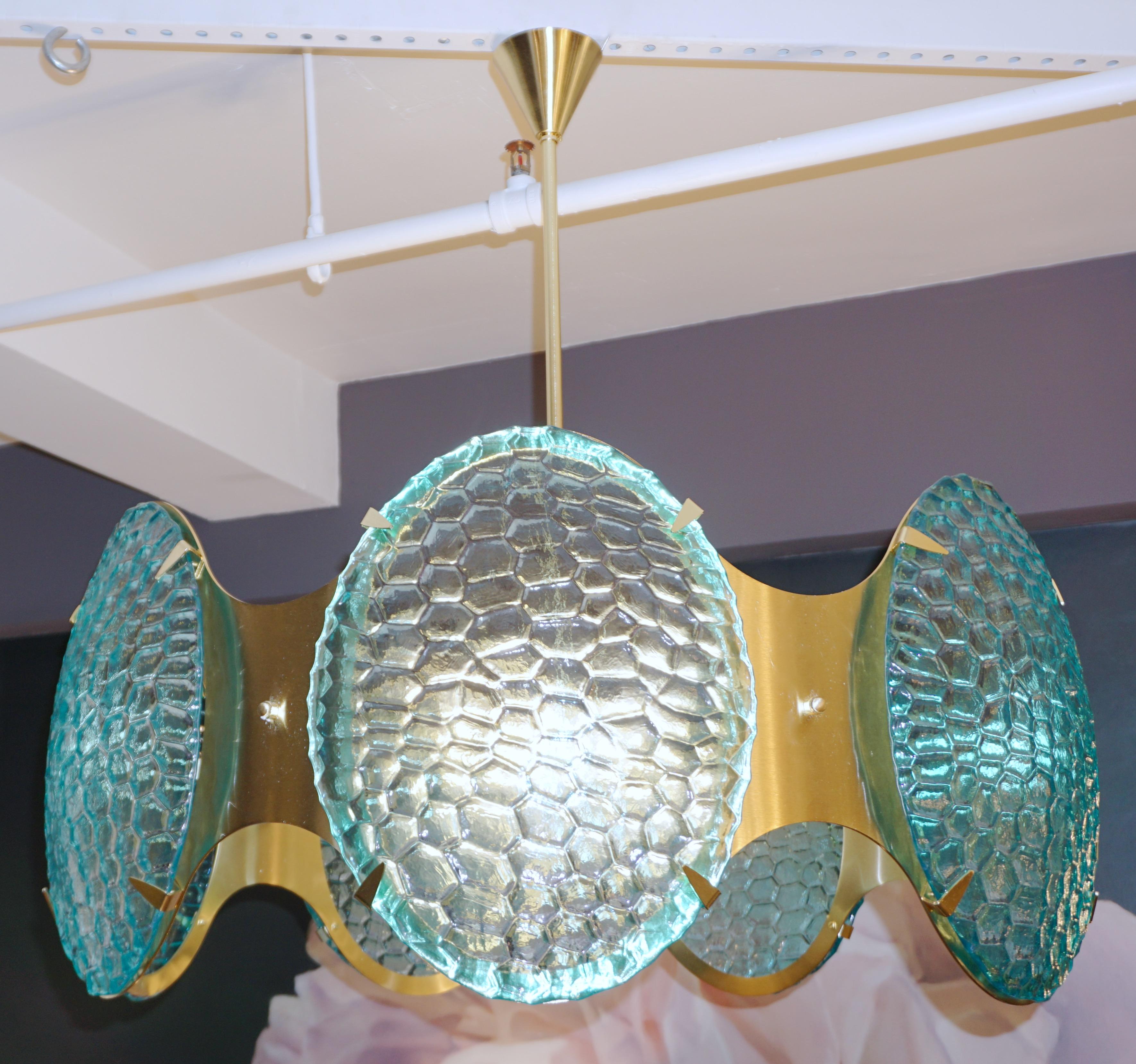 Organic Modern Bespoke Italian Aquamarine Murano Glass Round Brass Chandelier / Flushmount For Sale