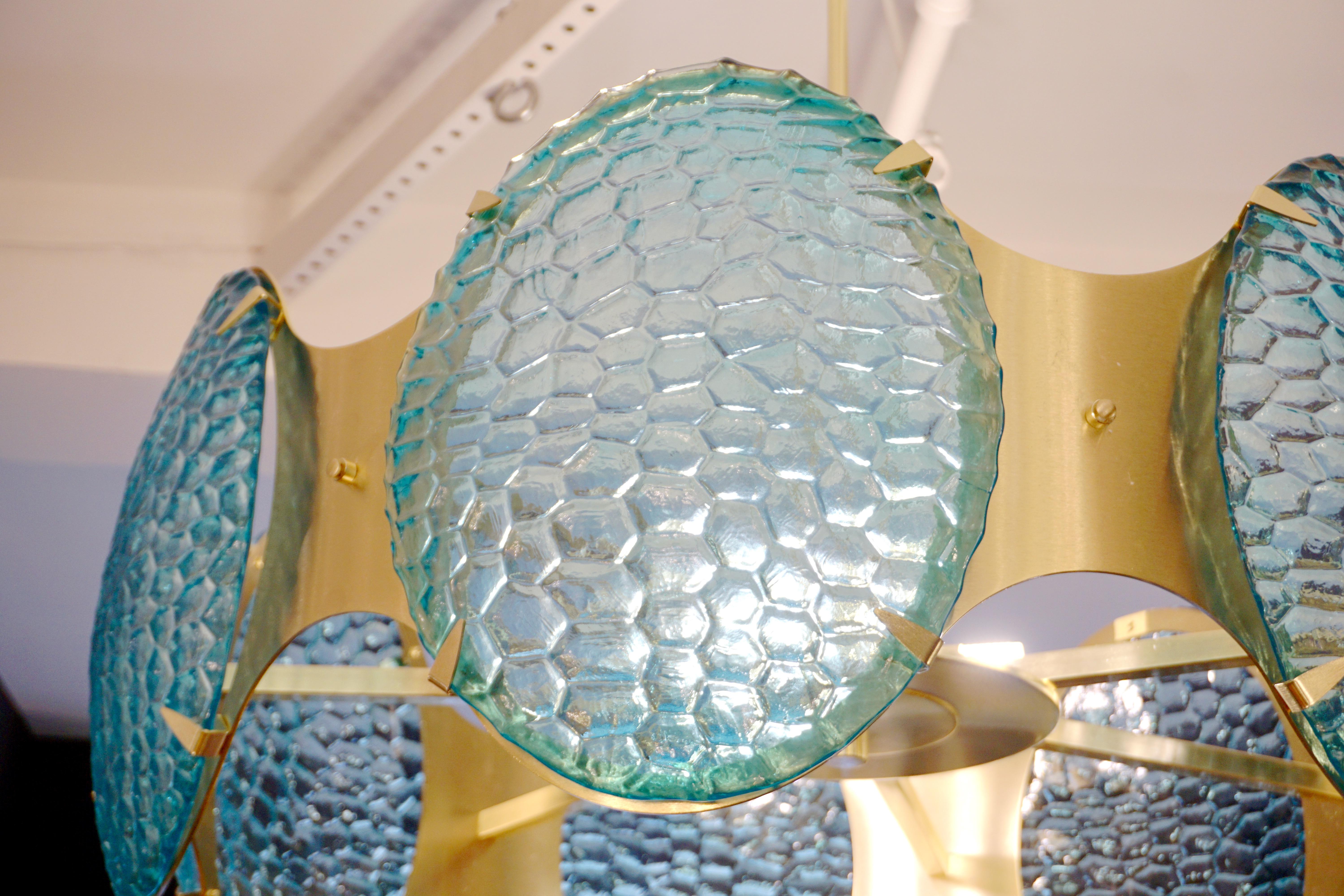 Bespoke Italian Aquamarine Murano Glass Round Brass Chandelier / Flushmount In New Condition For Sale In New York, NY