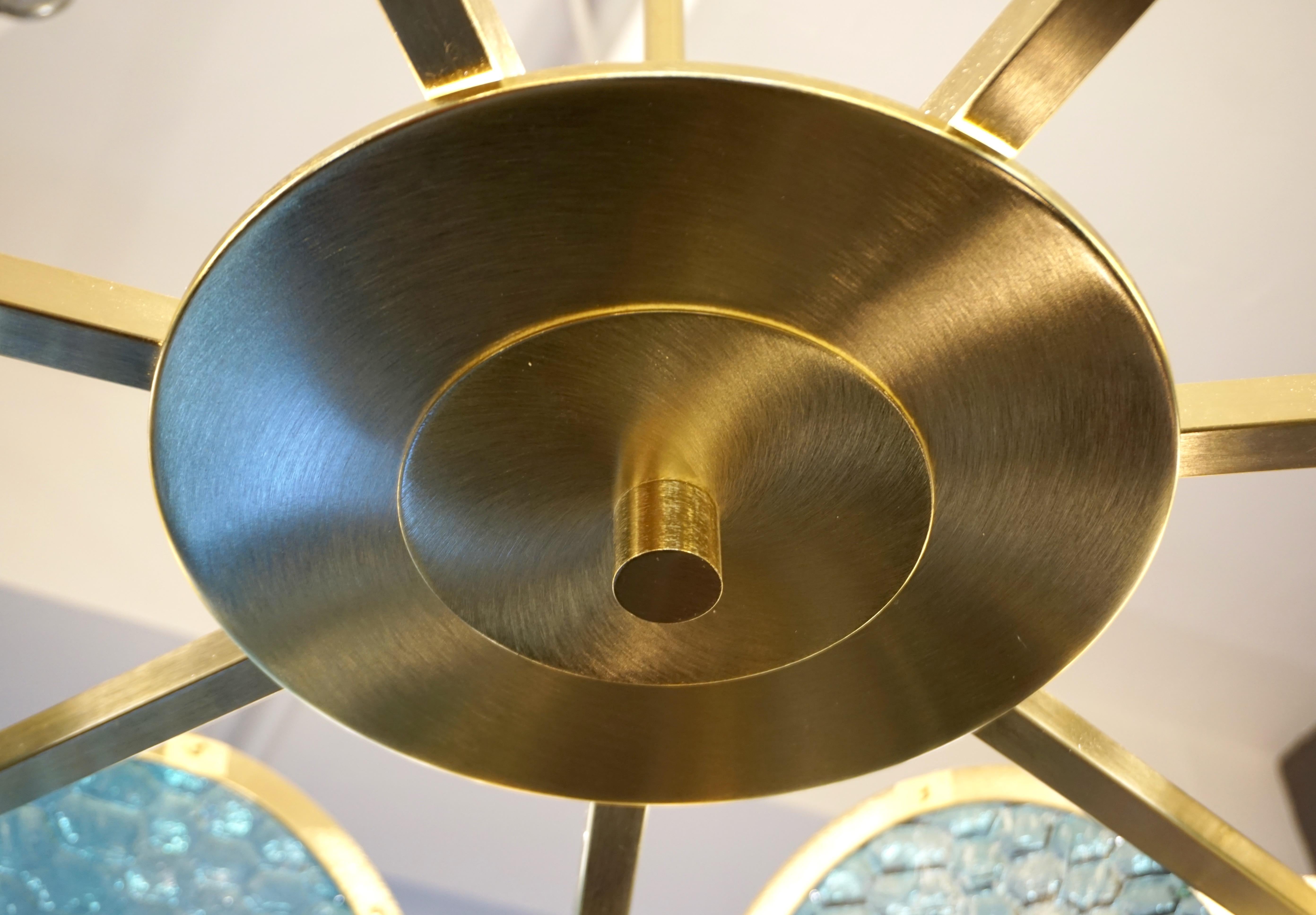 Bespoke Italian Aquamarine Murano Glass Round Brass Chandelier / Flushmount For Sale 1