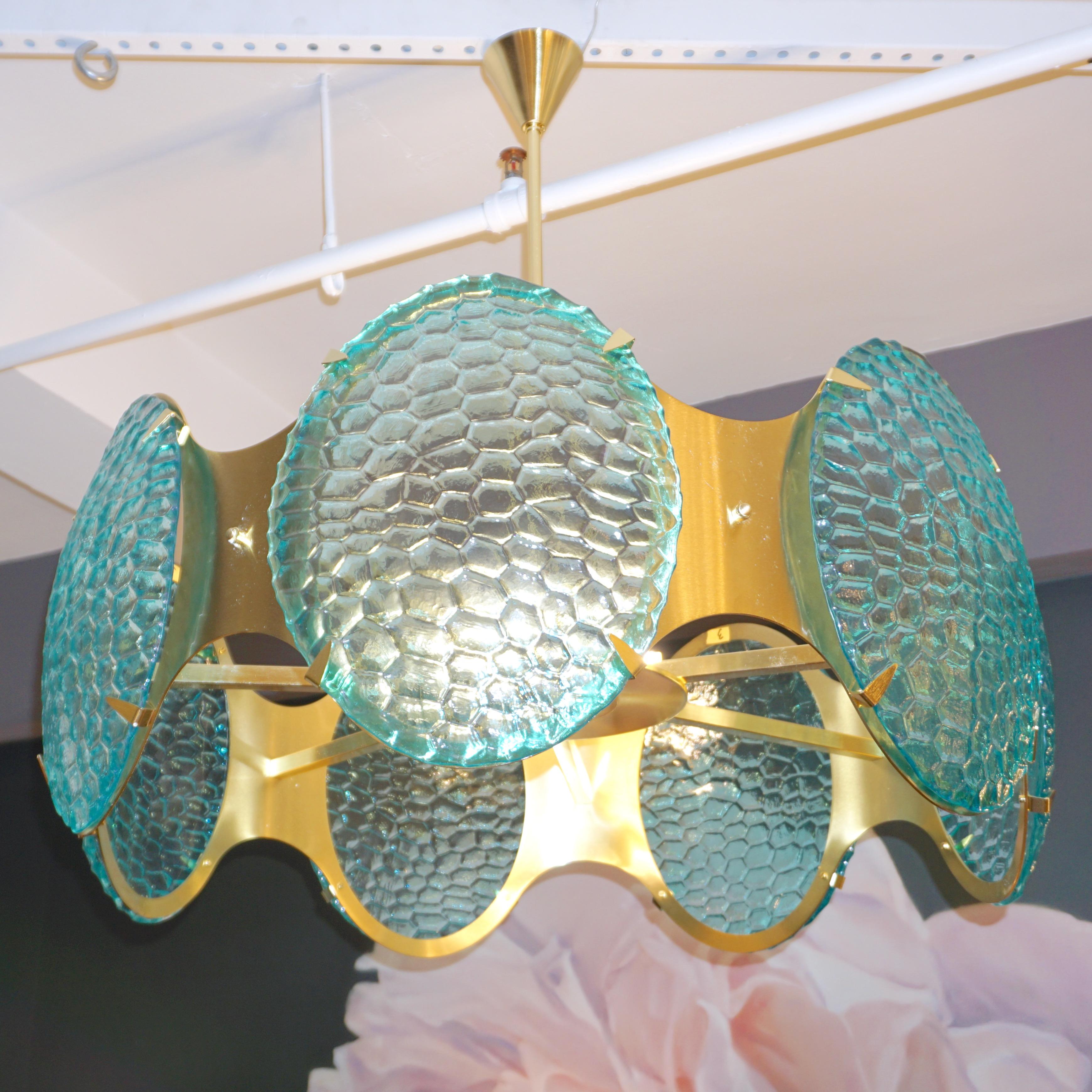 Bespoke Italian Aquamarine Murano Glass Round Brass Chandelier / Flushmount For Sale 4