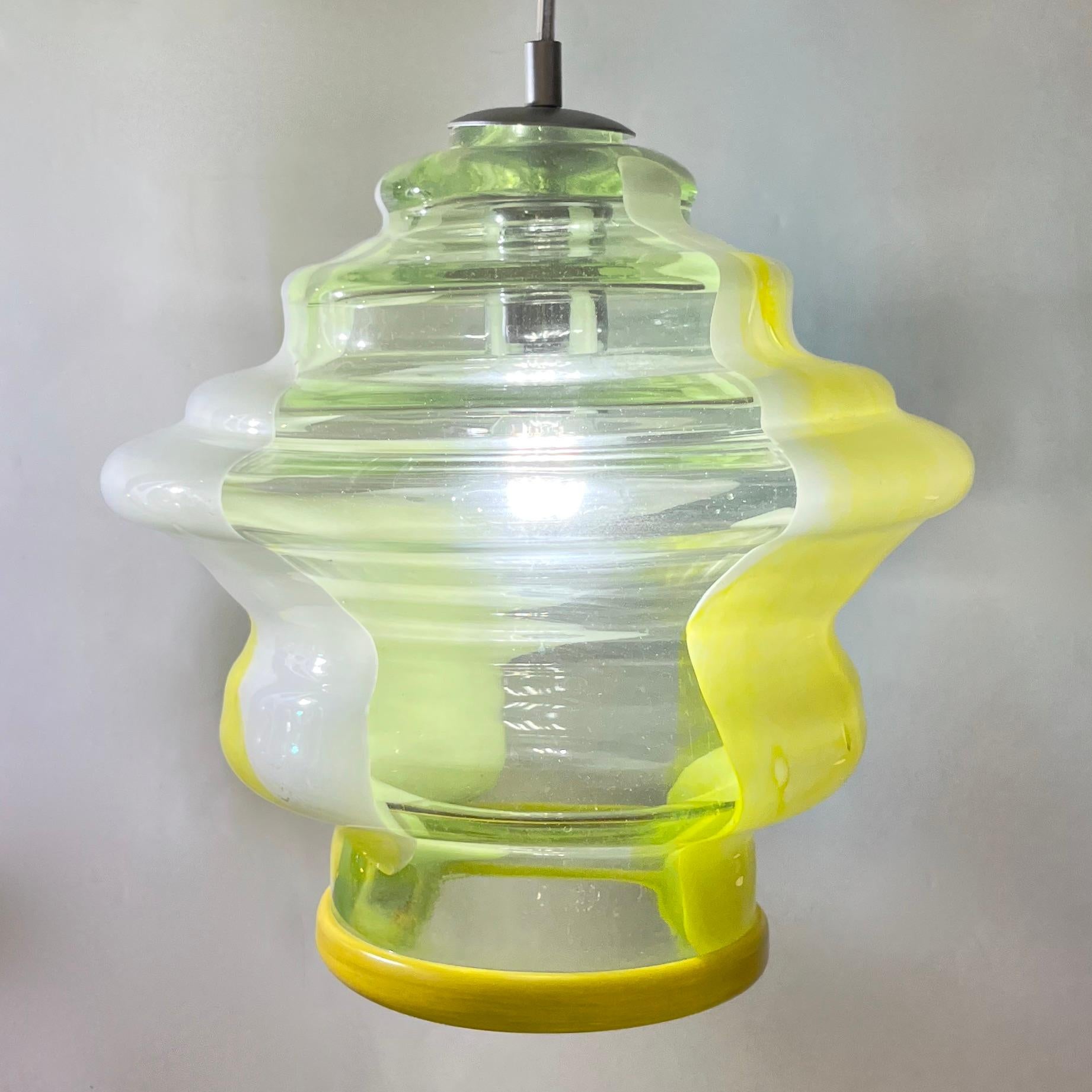 Bespoke Italian Organic Lemon Yellow White Step Tulip Murano Glass Pendant Light For Sale 4