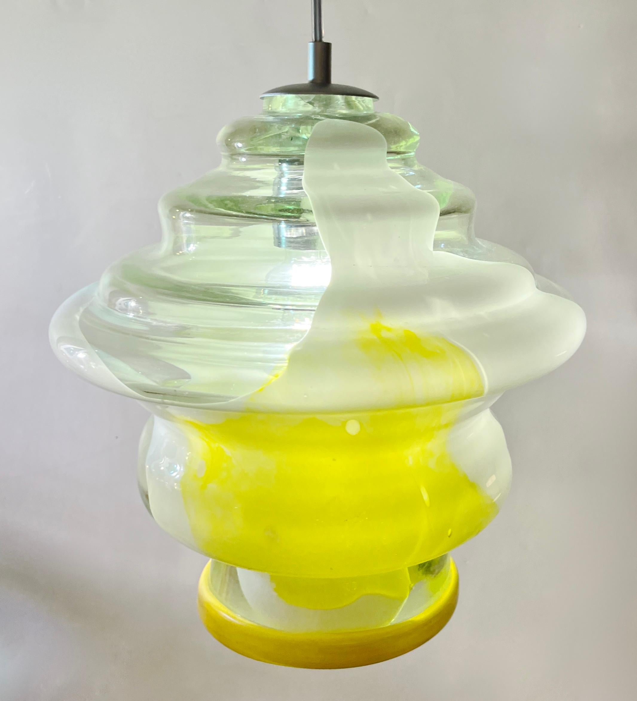 Bespoke Italian Organic Lemon Yellow White Step Tulip Murano Glass Pendant Light For Sale 5