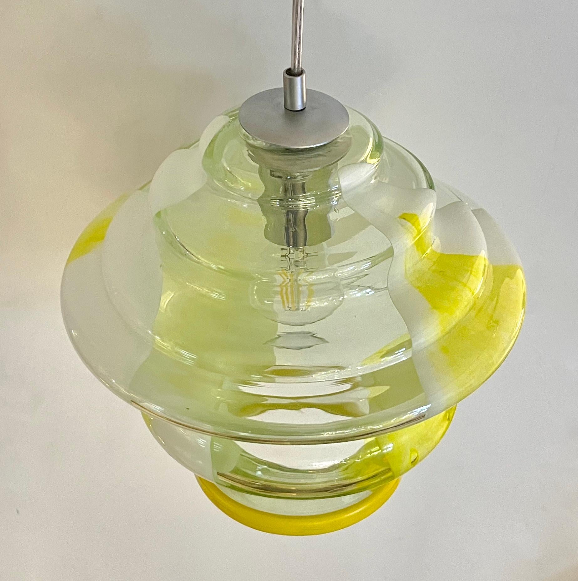 Bespoke Italian Organic Lemon Yellow White Step Tulip Murano Glass Pendant Light For Sale 7