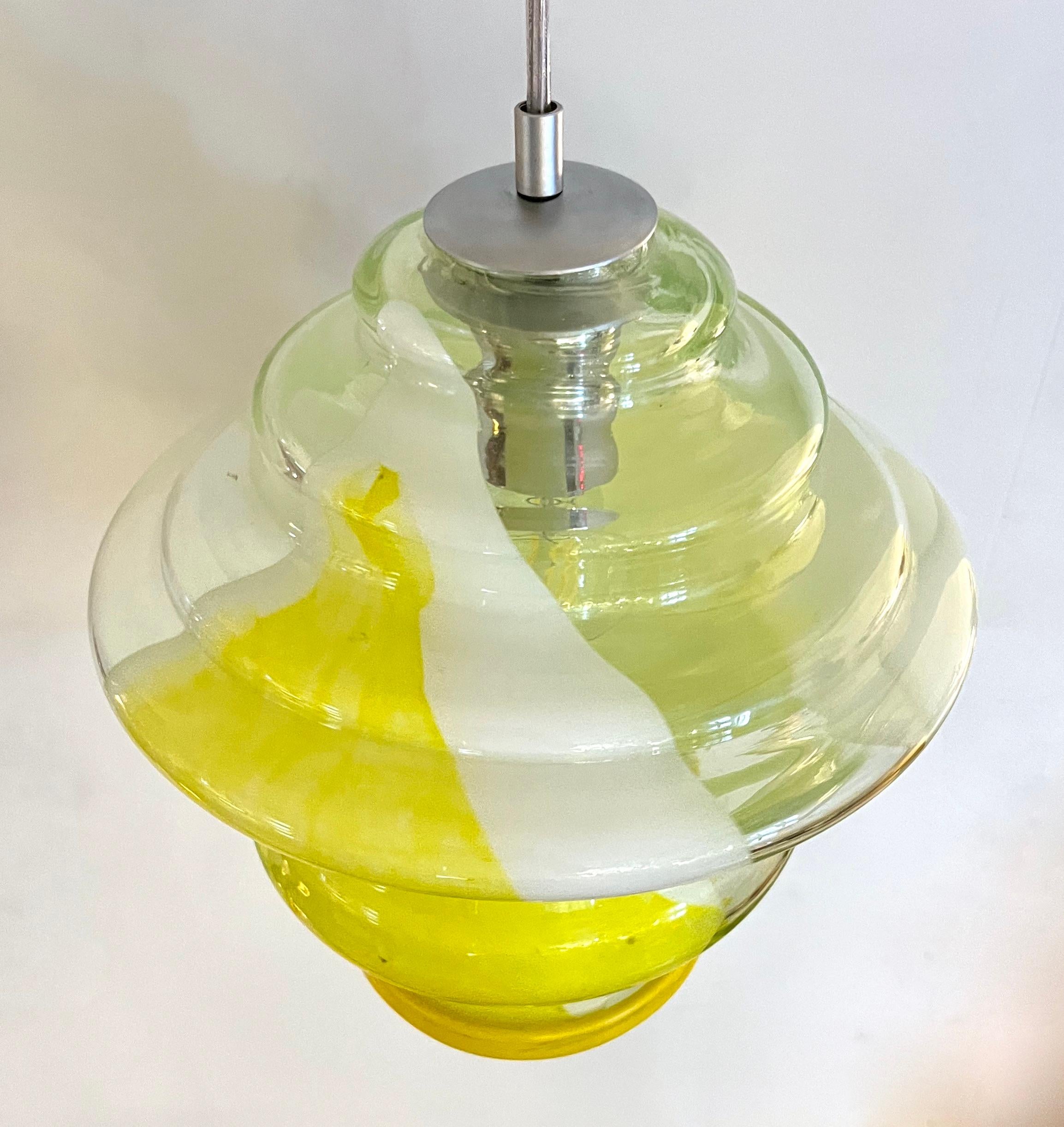 Bespoke Italian Organic Lemon Yellow White Step Tulip Murano Glass Pendant Light For Sale 8