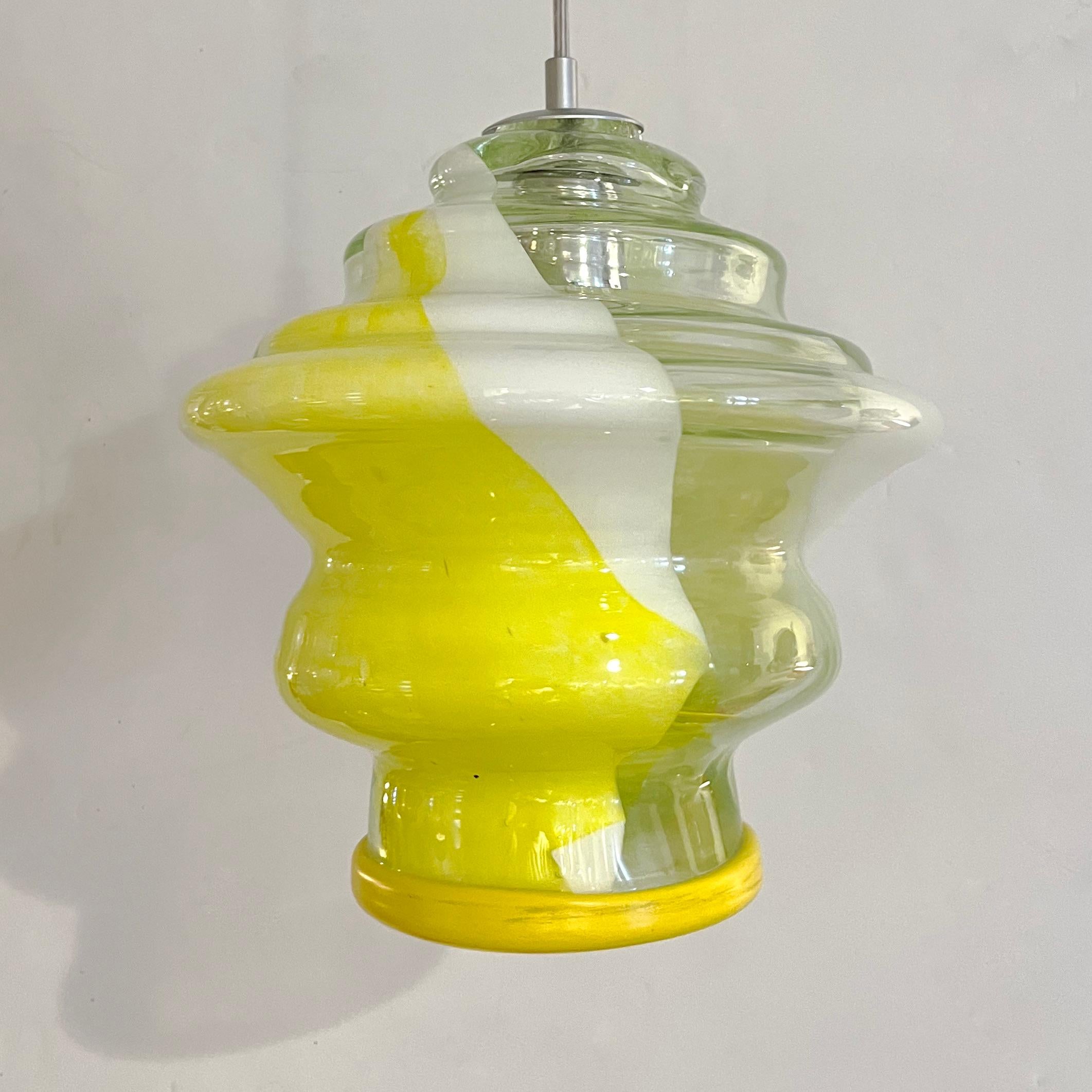 Bespoke Italian Organic Lemon Yellow White Step Tulip Murano Glass Pendant Light For Sale 9