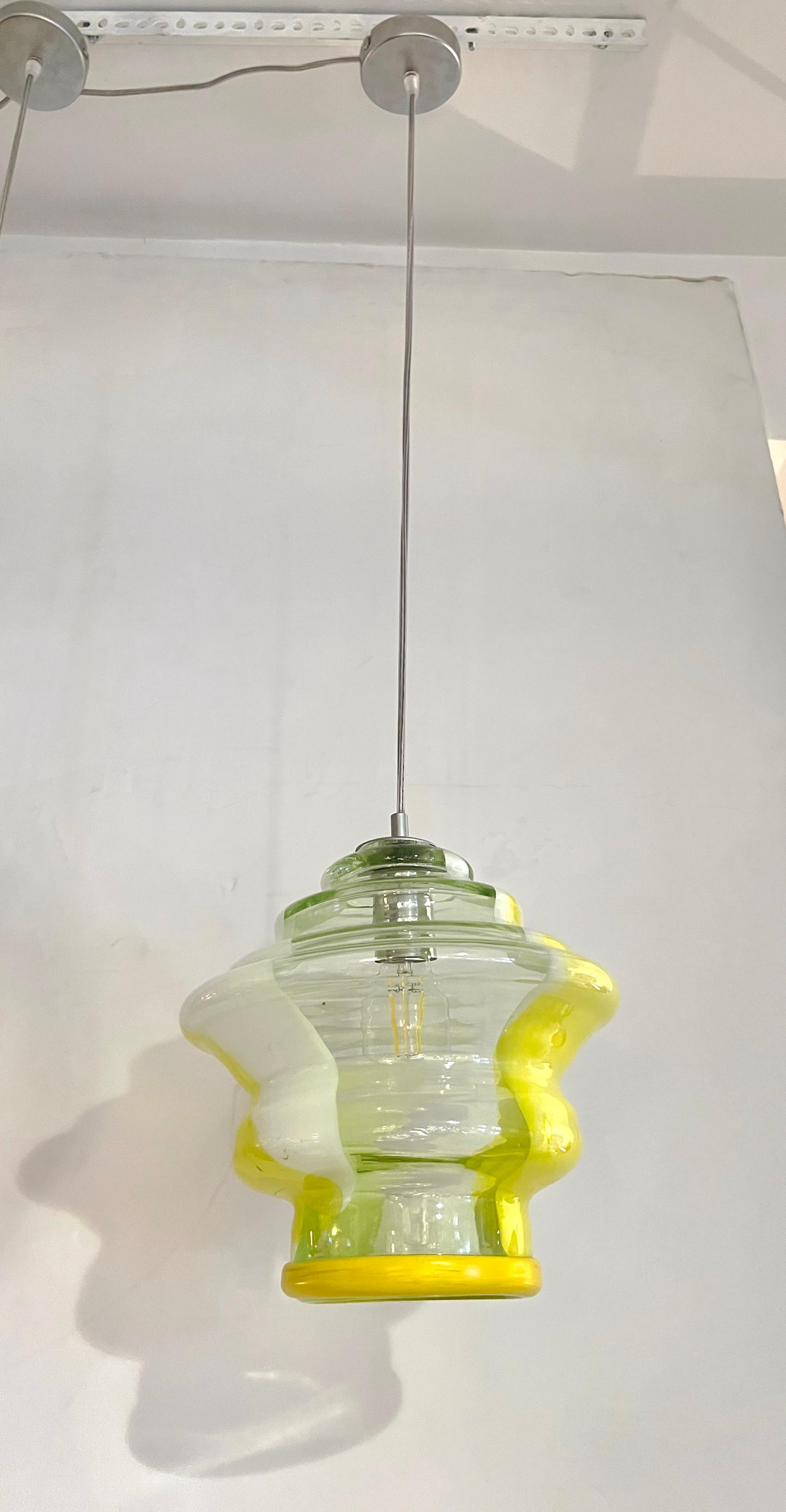 Bespoke Italian Organic Lemon Yellow White Step Tulip Murano Glass Pendant Light For Sale 10