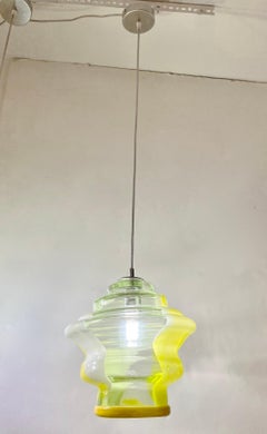 Bespoke Italian Organic Lemon Yellow White Step Tulip Murano Glass Pendant Light