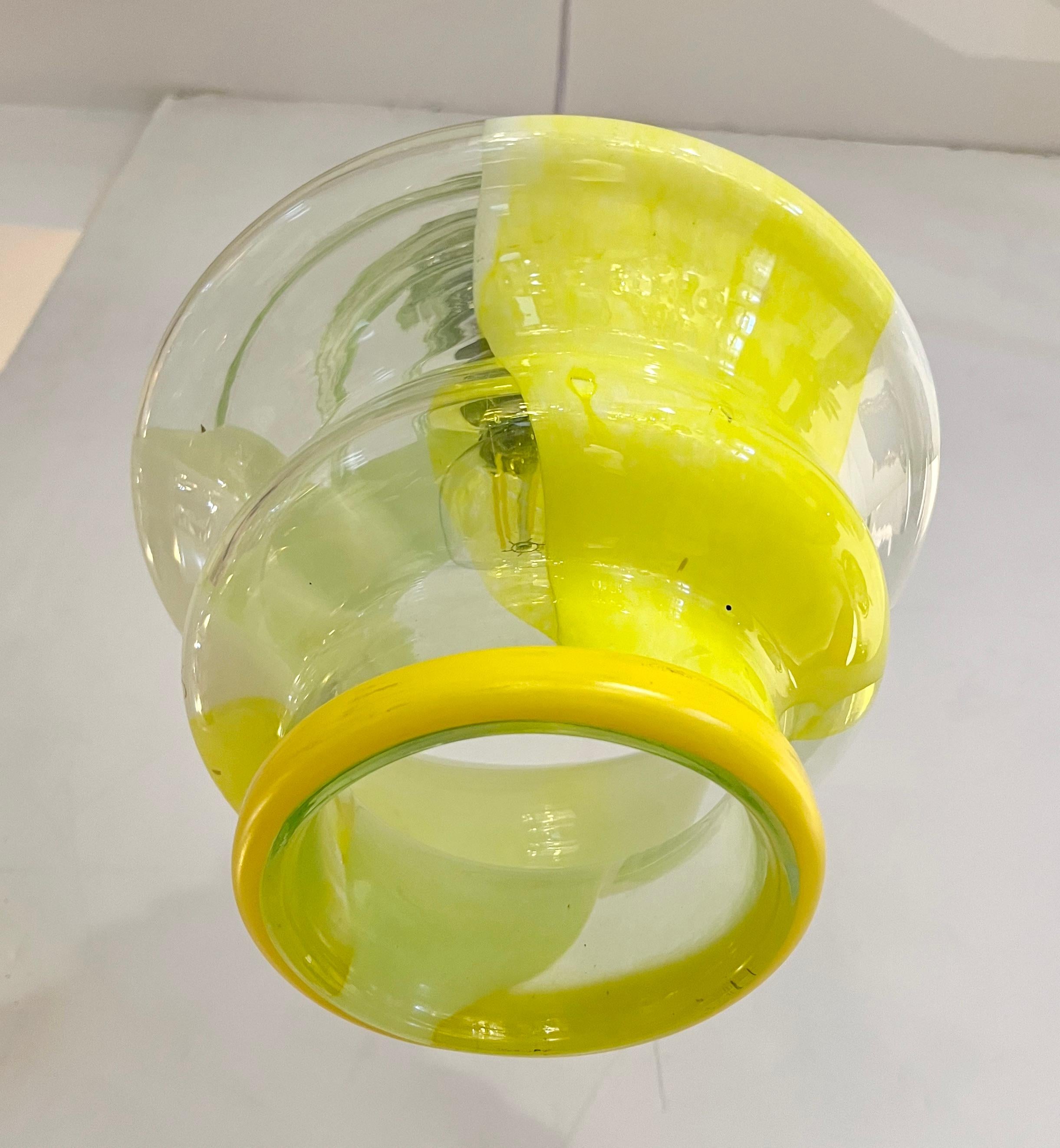 Hand-Crafted Bespoke Italian Organic Lemon Yellow White Step Tulip Murano Glass Pendant Light For Sale