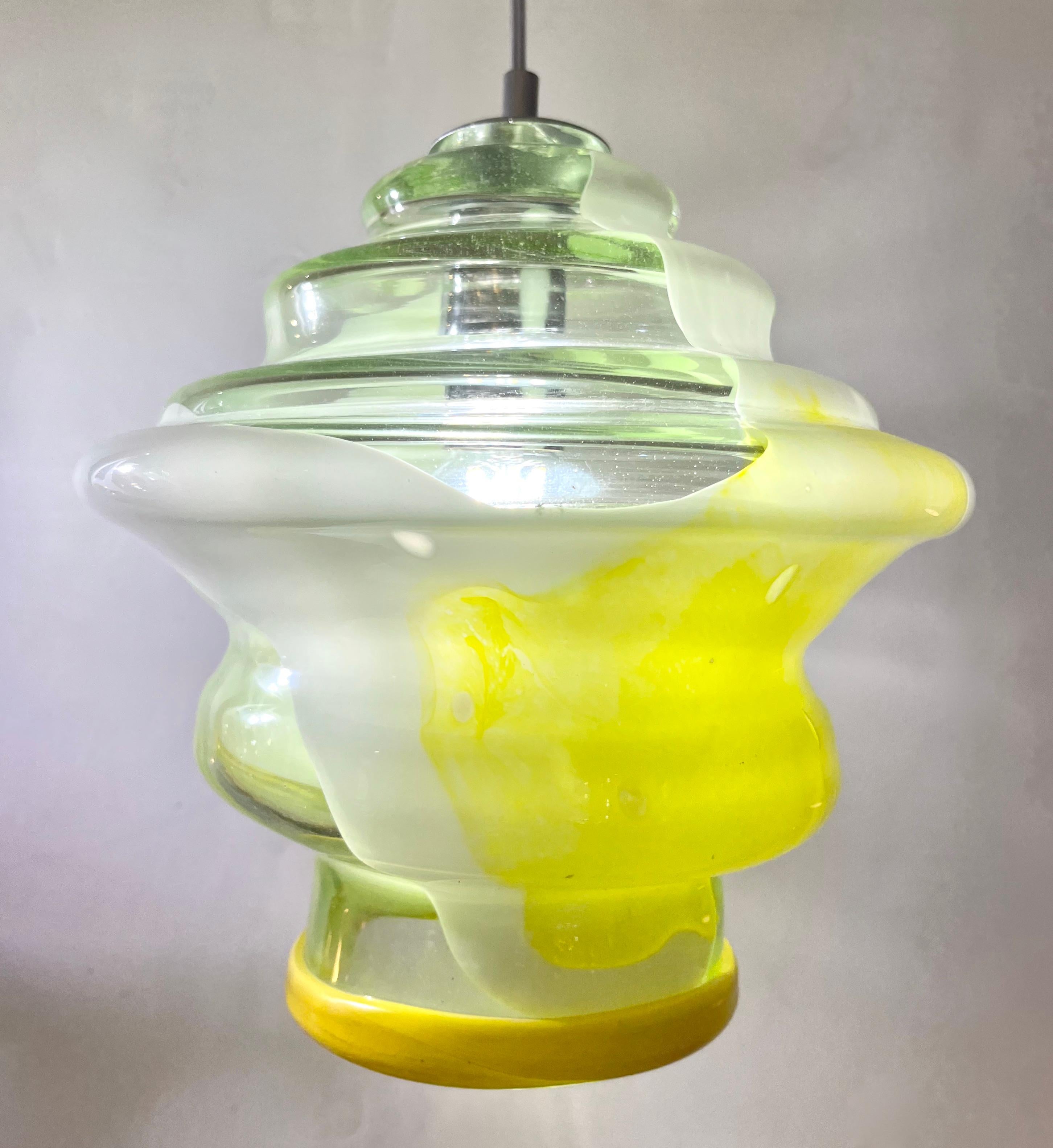 Contemporary Bespoke Italian Organic Lemon Yellow White Step Tulip Murano Glass Pendant Light For Sale