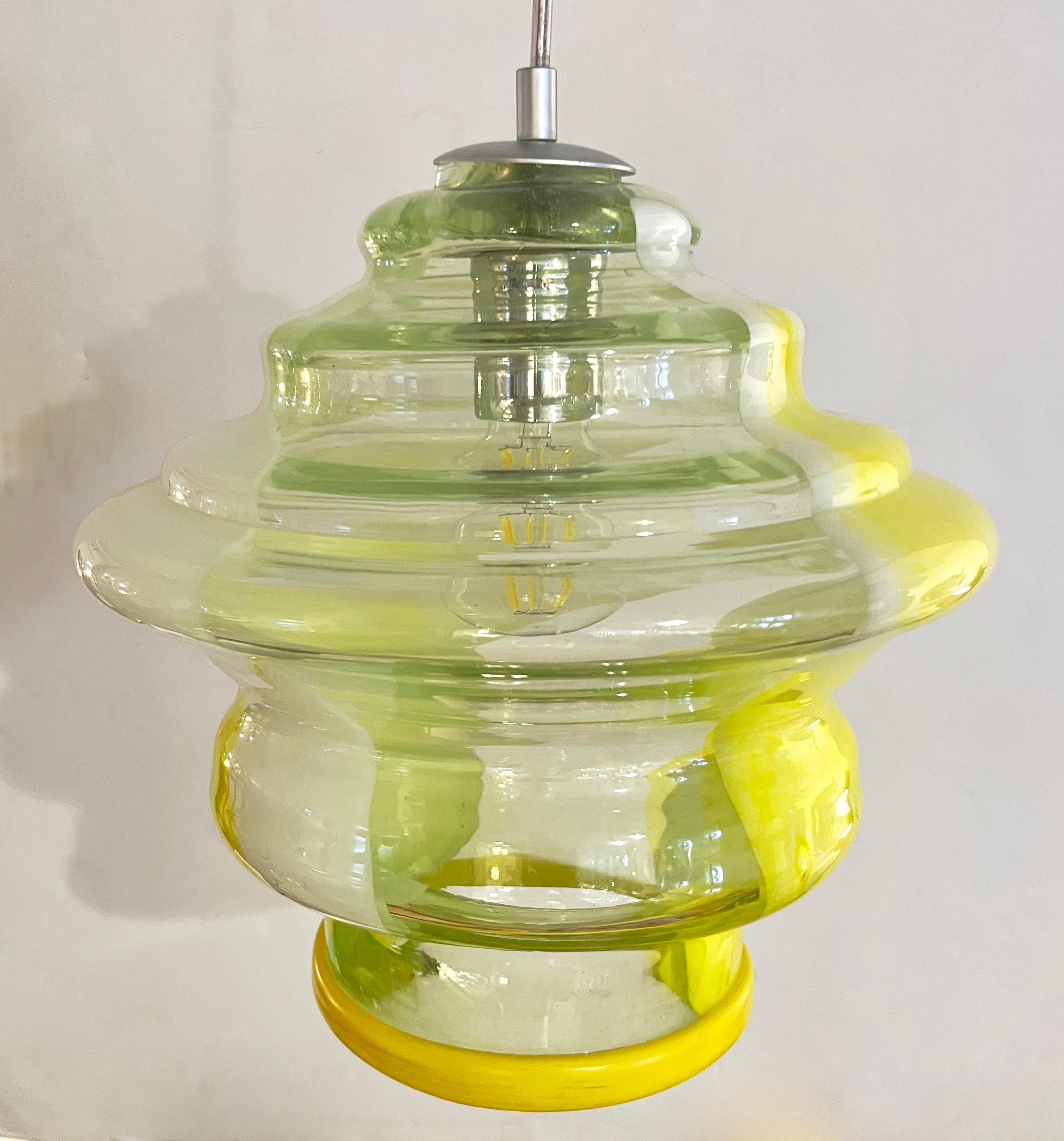 Satin Bespoke Italian Organic Lemon Yellow White Step Tulip Murano Glass Pendant Light For Sale