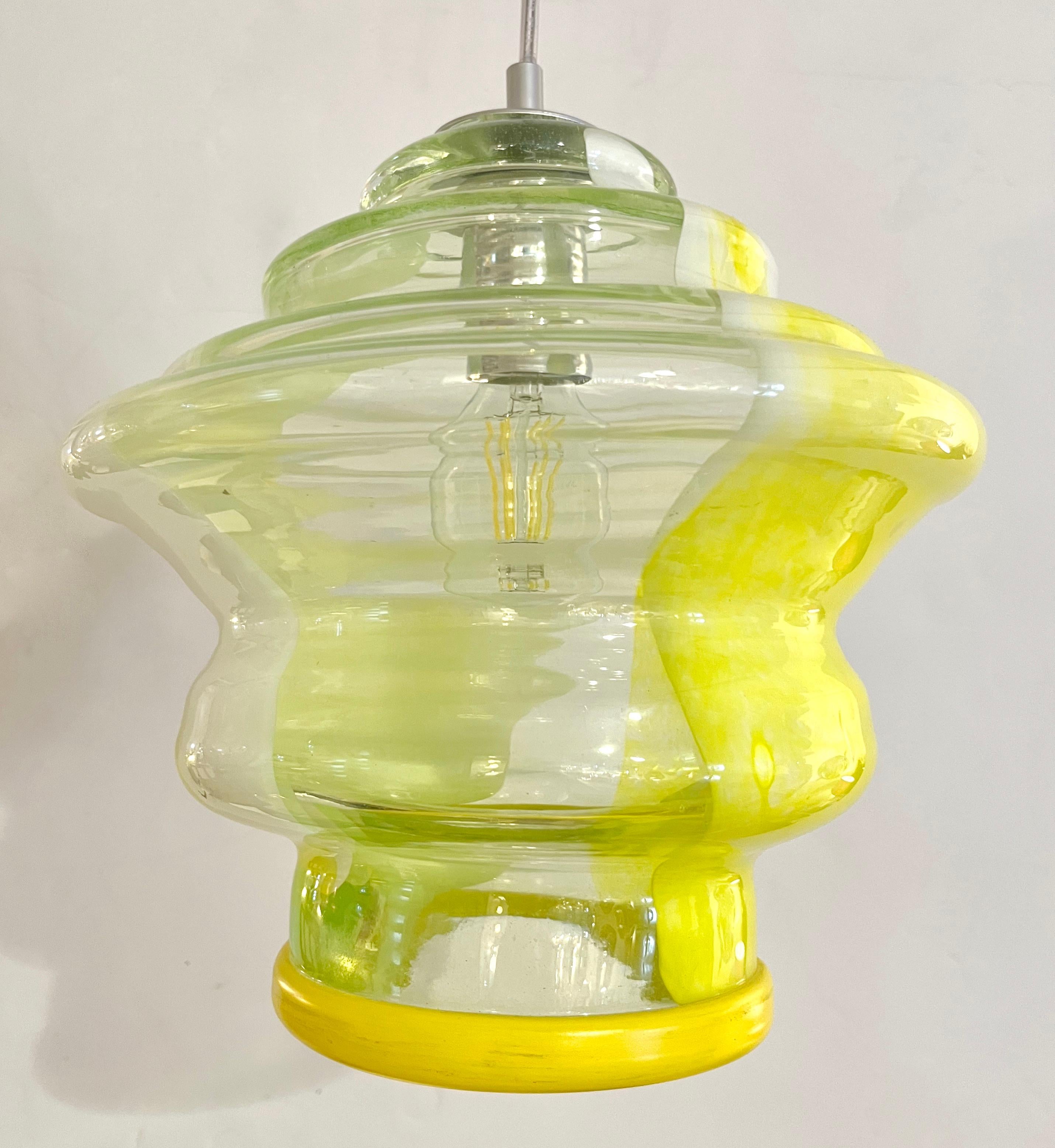 Bespoke Italian Organic Lemon Yellow White Step Tulip Murano Glass Pendant Light For Sale 2