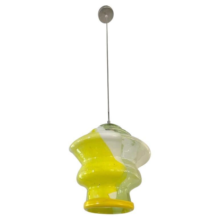 Bespoke Italian Organic Lemon Yellow White Step Tulip Murano Glass Pendant Light For Sale