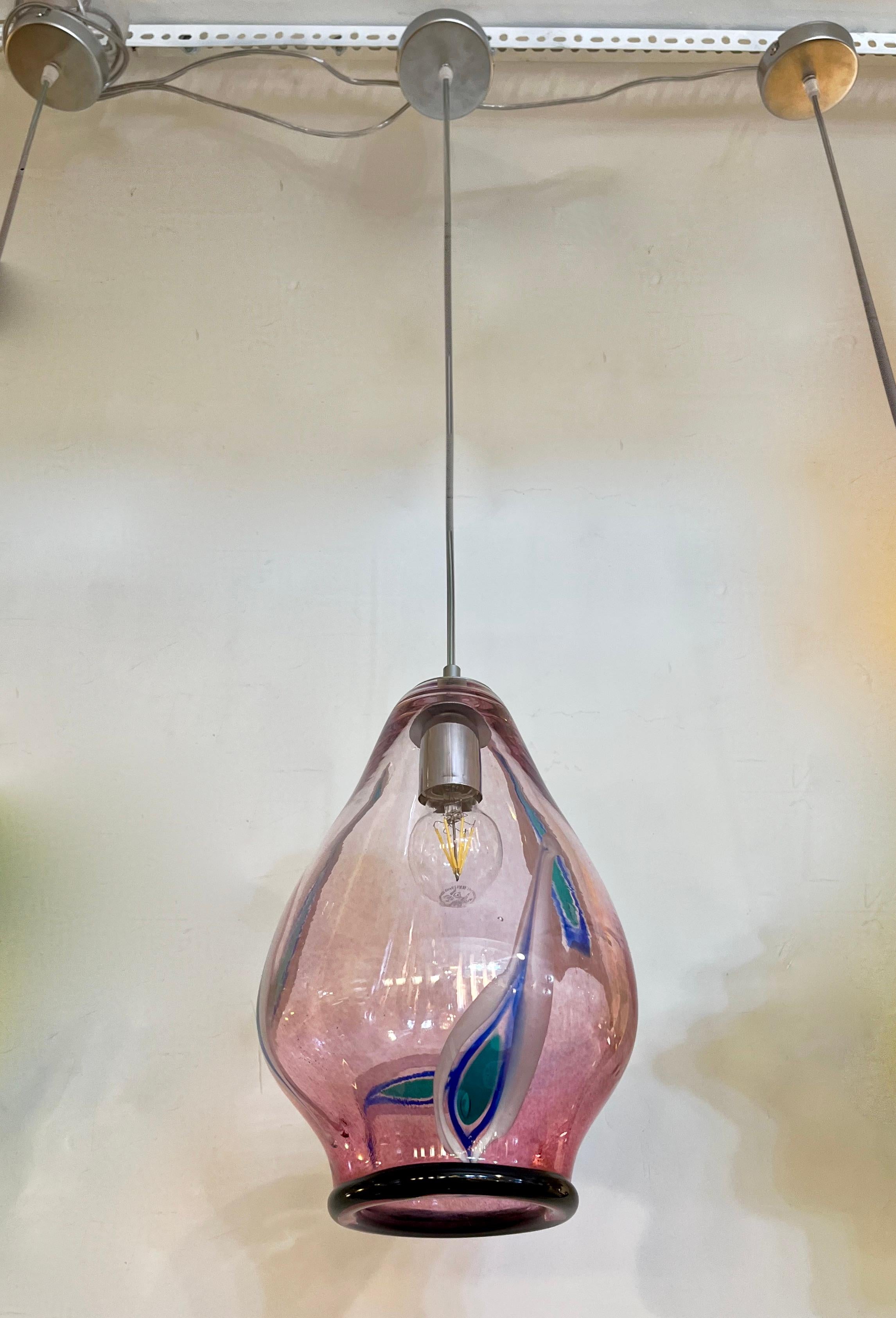 Bespoke Italian Organic Purple Black White Tulip Murano Glass Pendant Light For Sale 12