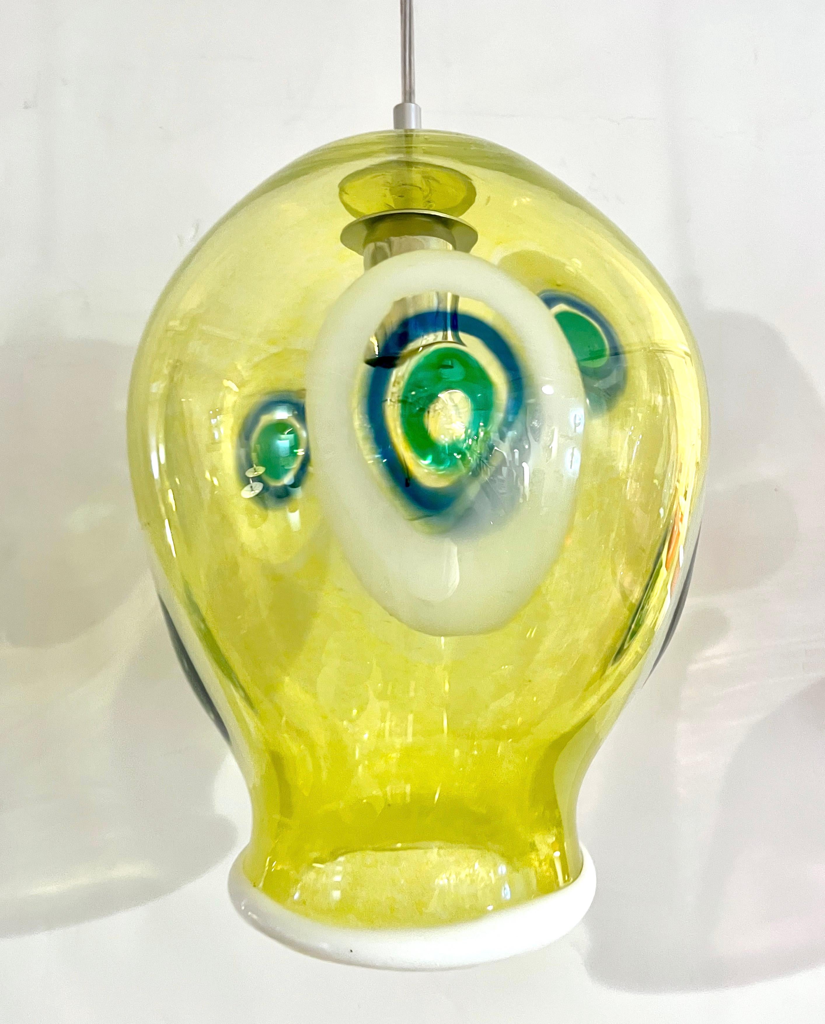 Hand-Crafted Bespoke Italian Organic Yellow Green White Tulip Murano Glass Pendant Light For Sale