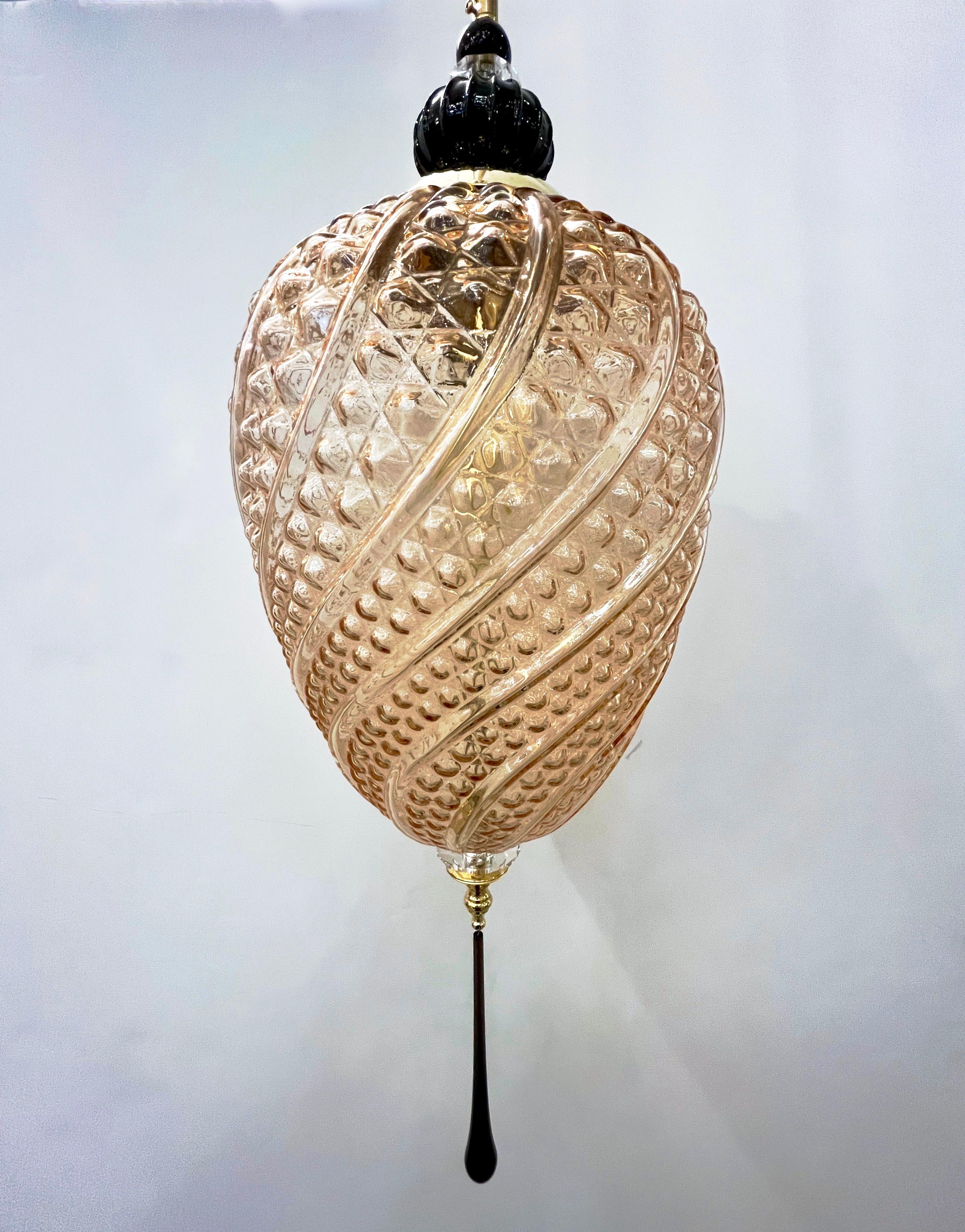 Bespoke Italian Oval Black and Pink Crystal Murano Glass Brass Egg Pendant Light For Sale 3