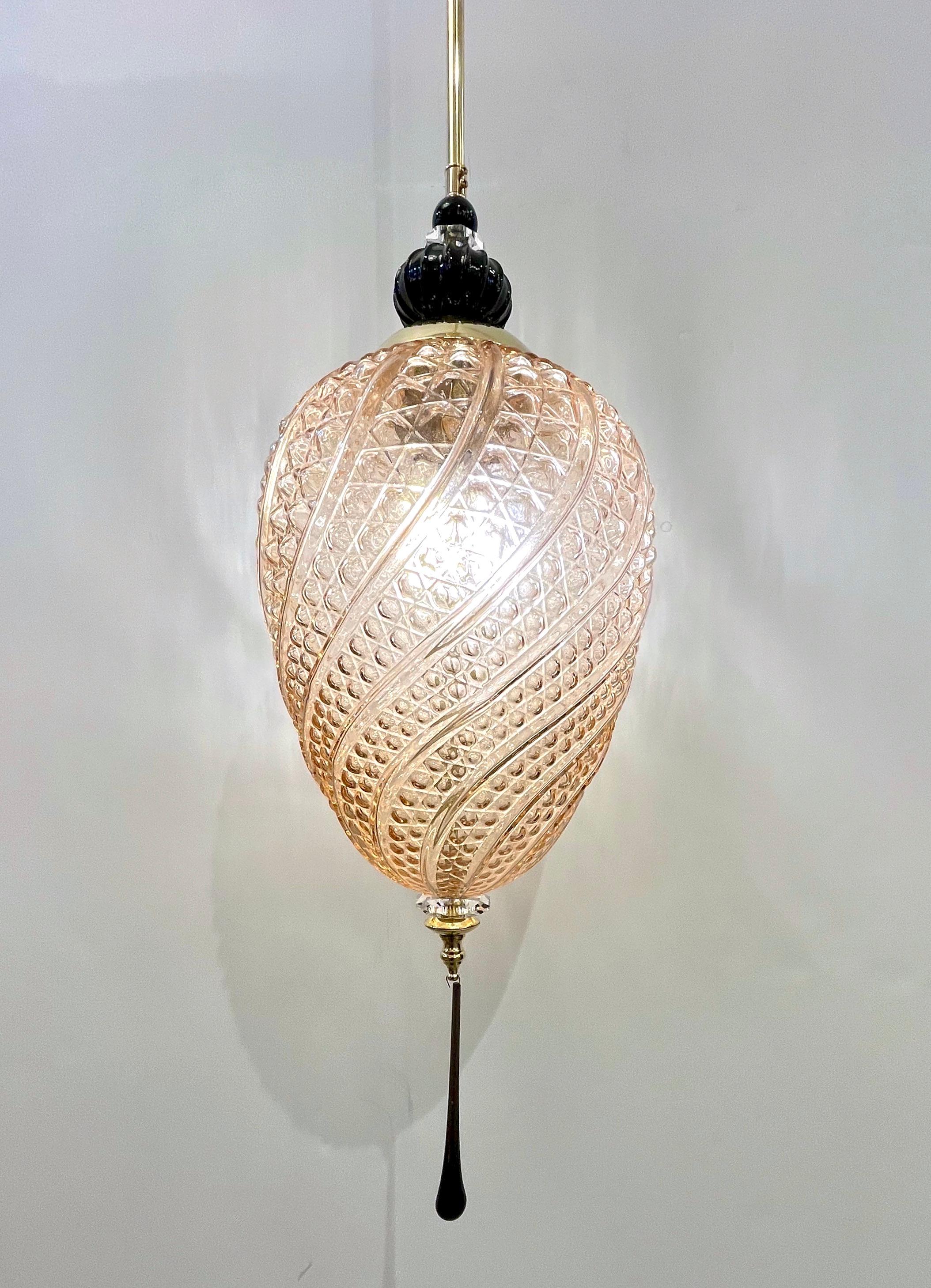 Bespoke Italian Oval Black and Pink Crystal Murano Glass Brass Egg Pendant Light For Sale 4