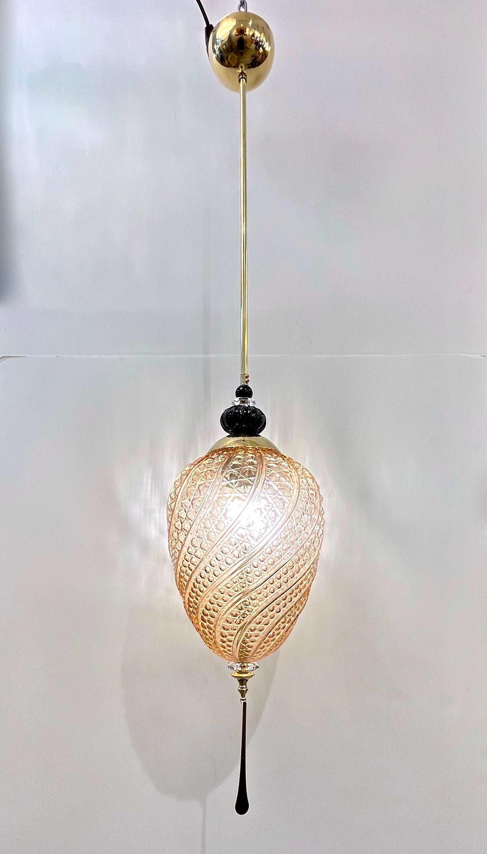 Bespoke Italian Oval Black and Pink Crystal Murano Glass Brass Egg Pendant Light For Sale 6