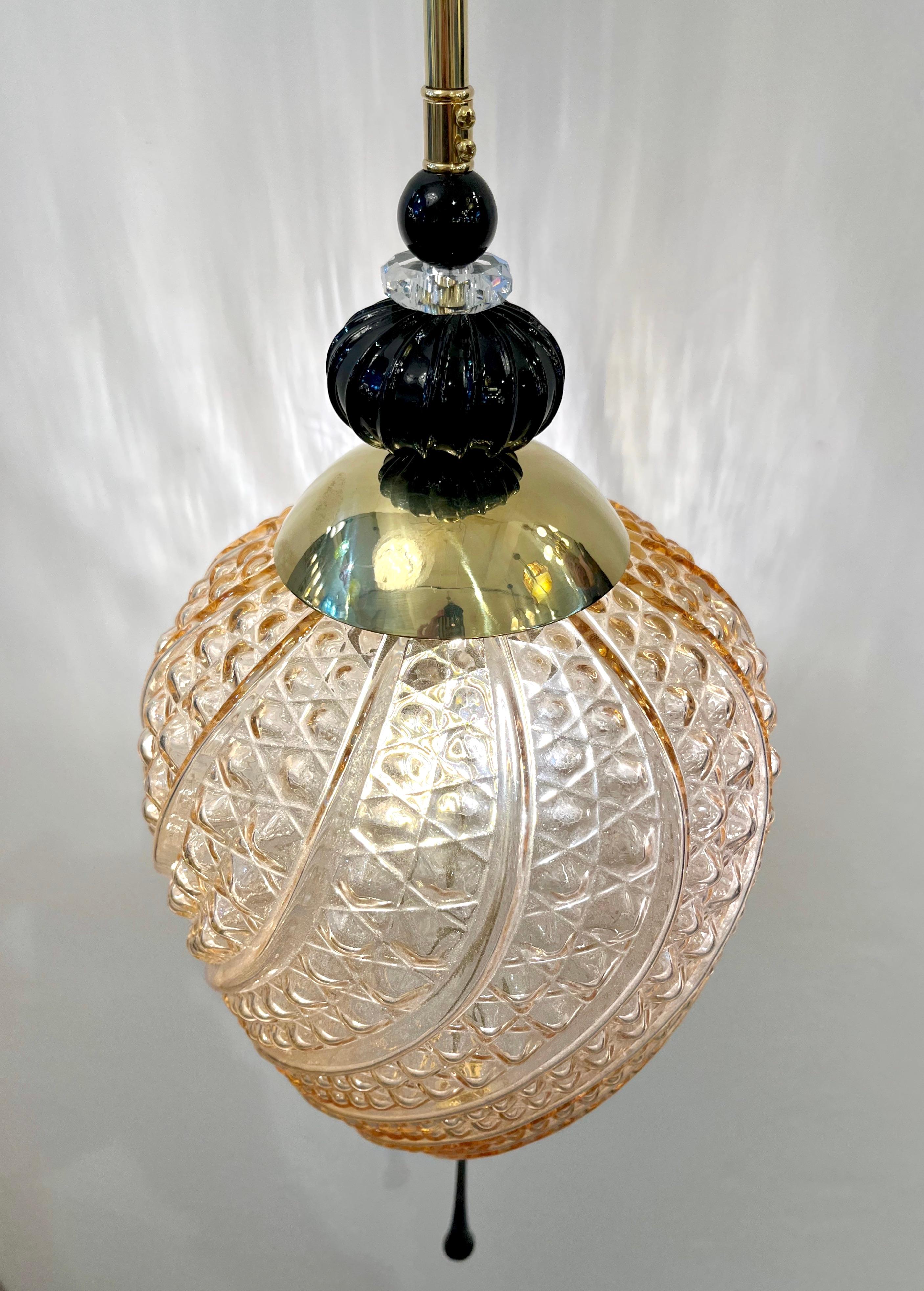 Bespoke Italian Oval Black and Pink Crystal Murano Glass Brass Egg Pendant Light For Sale 7