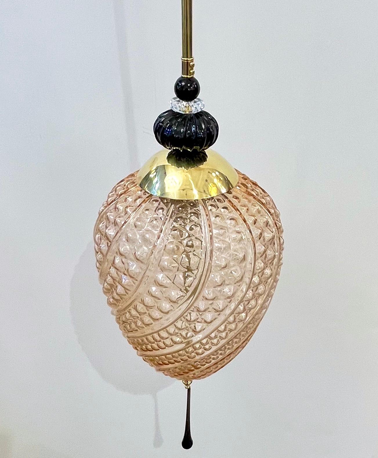 Hand-Crafted Bespoke Italian Oval Black and Pink Crystal Murano Glass Brass Egg Pendant Light For Sale