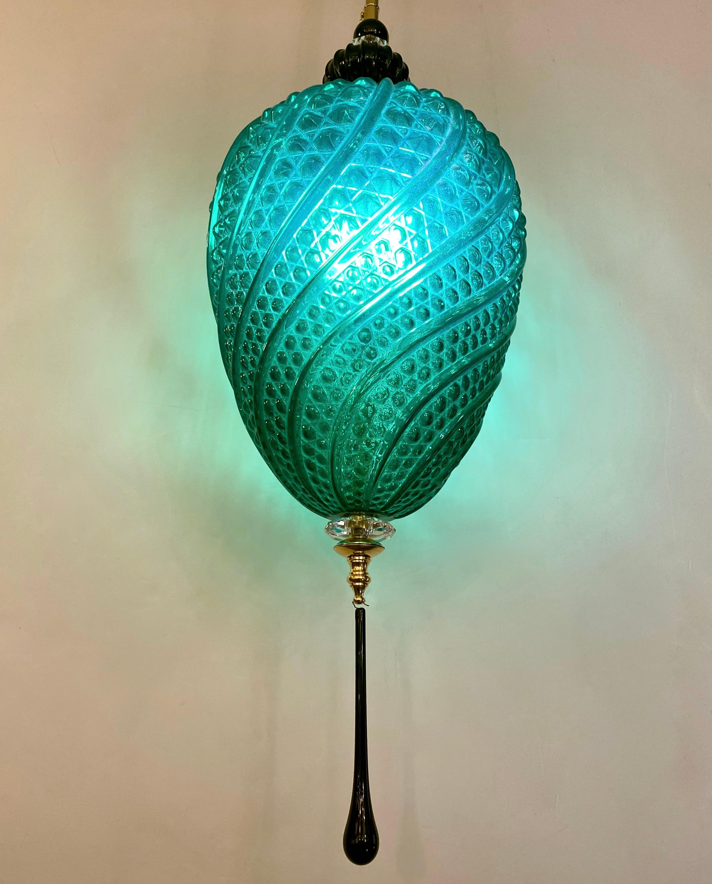 Bespoke Italian Oval Black Crystal Green Murano Glass Brass Egg Pendant Light For Sale 4