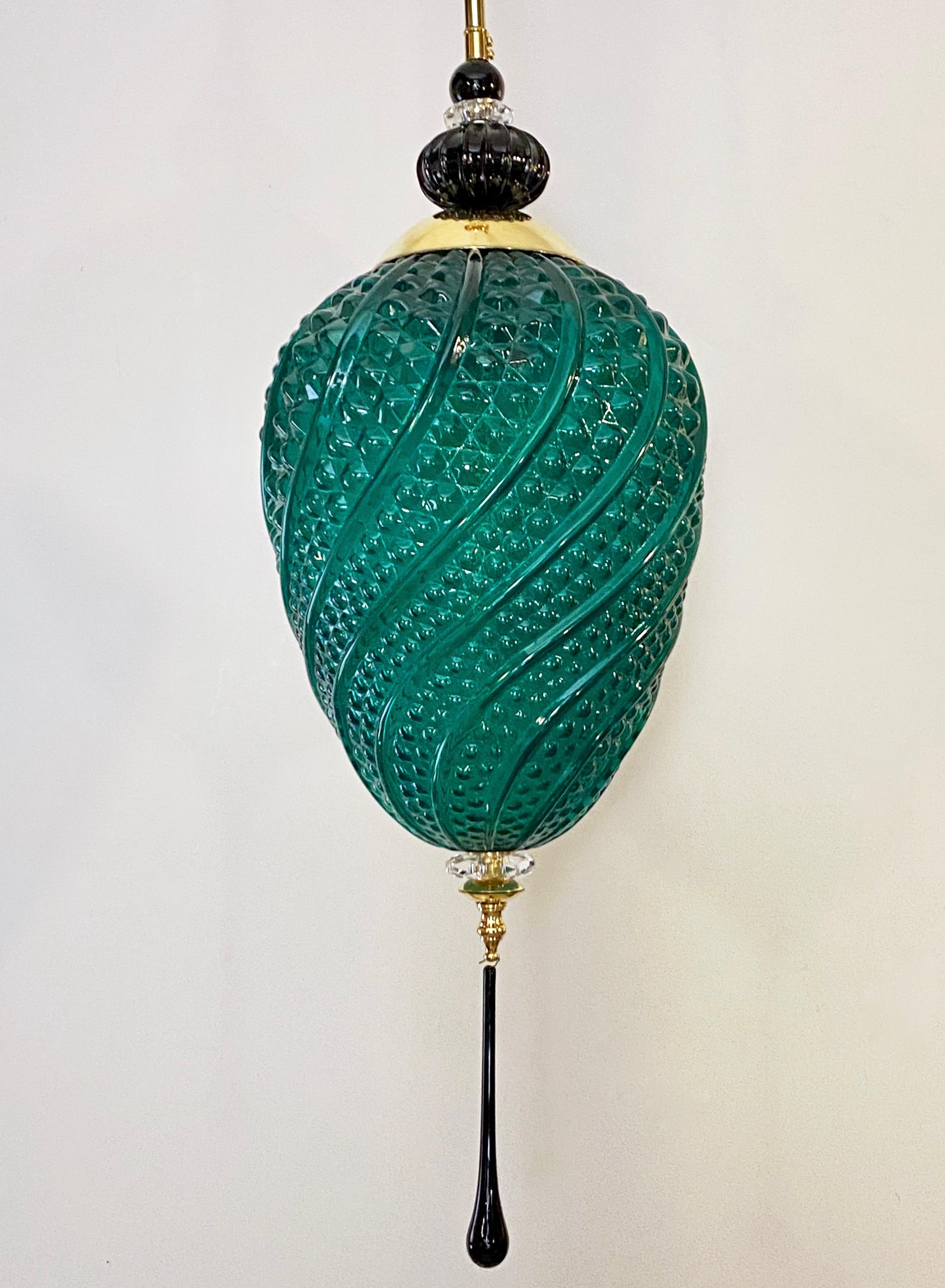 Bespoke Italian Oval Black Crystal Green Murano Glass Brass Egg Pendant Light For Sale 6