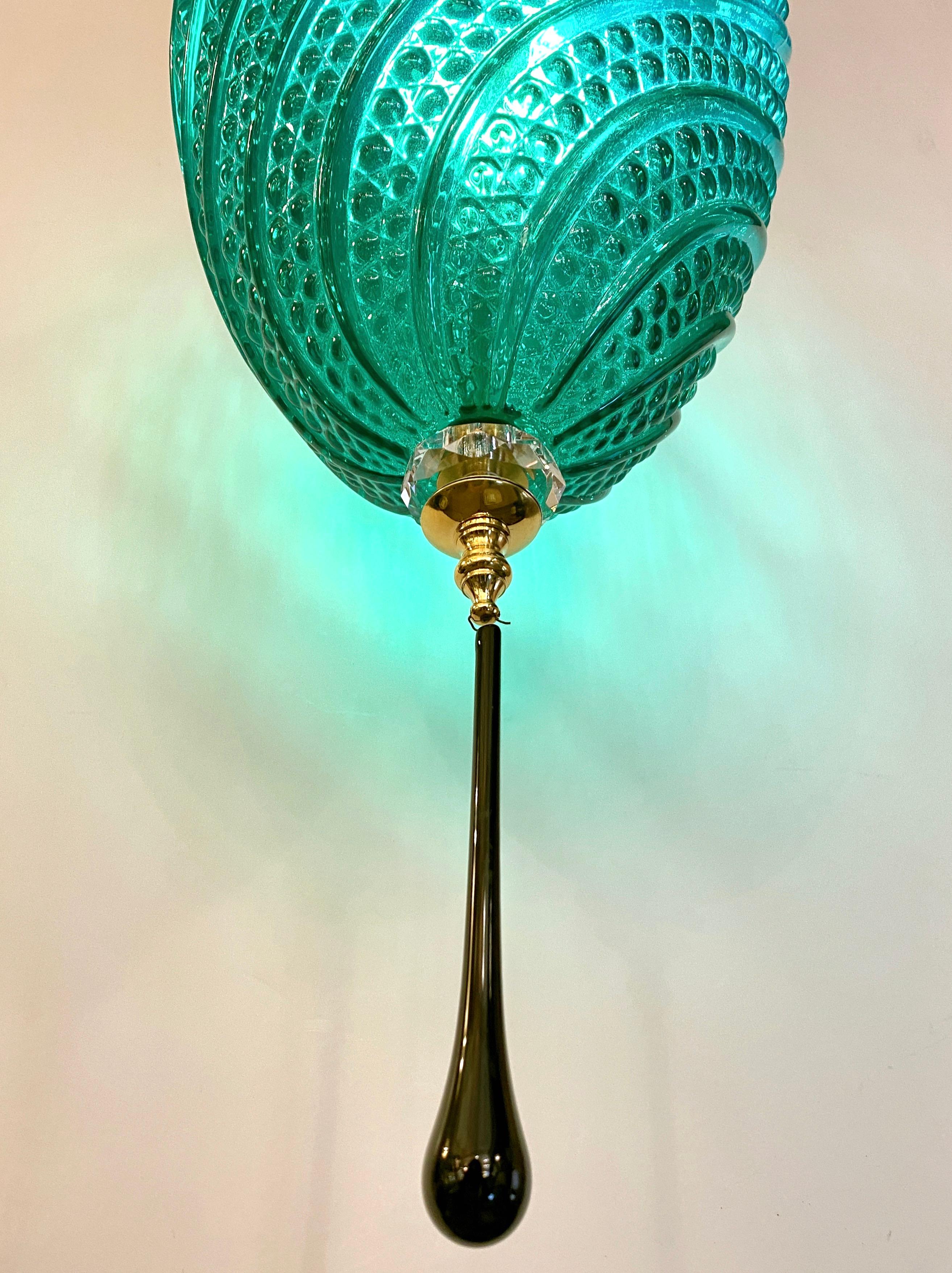 Bespoke Italian Oval Black Crystal Green Murano Glass Brass Egg Pendant Light For Sale 7