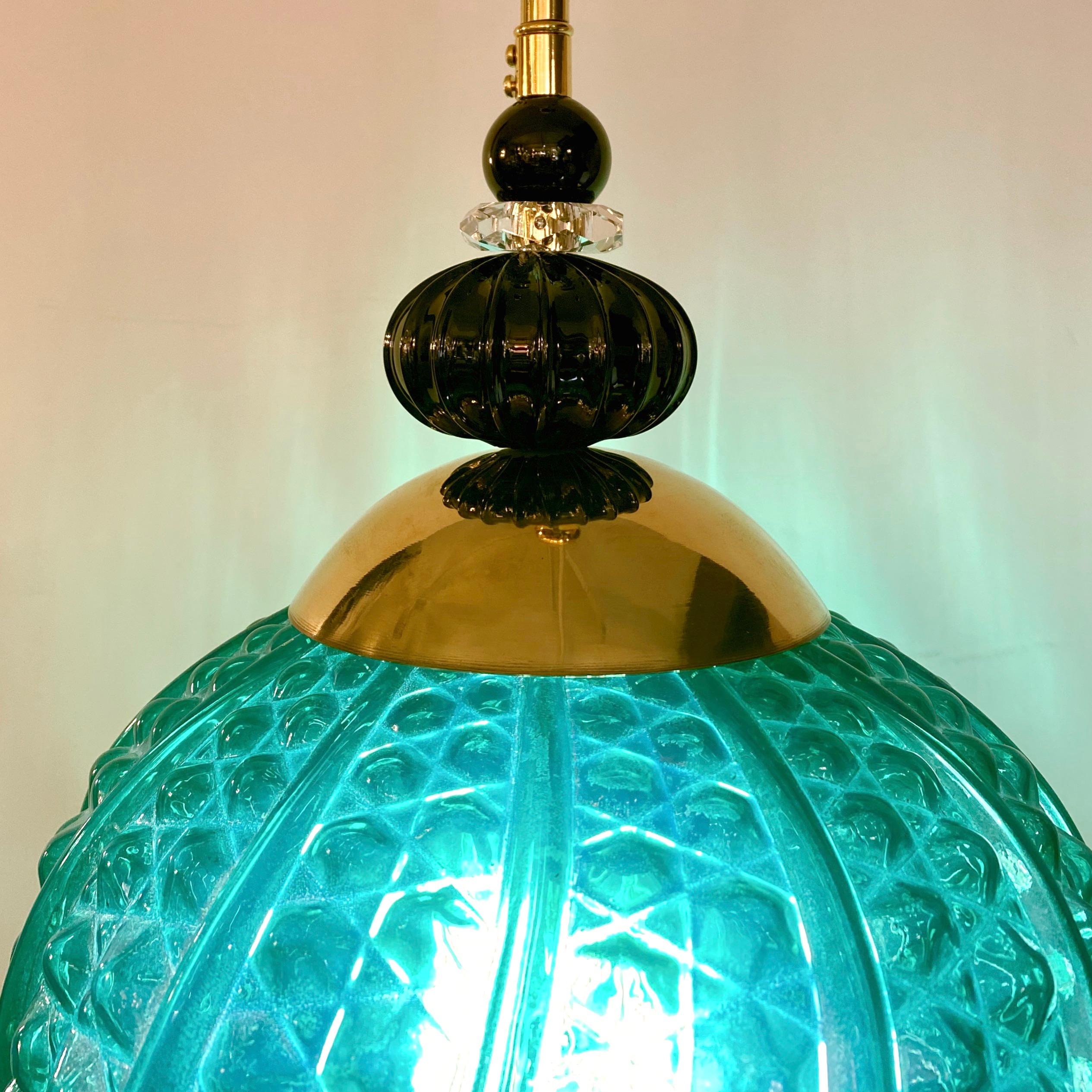 Bespoke Italian Oval Black Crystal Green Murano Glass Brass Egg Pendant Light For Sale 9