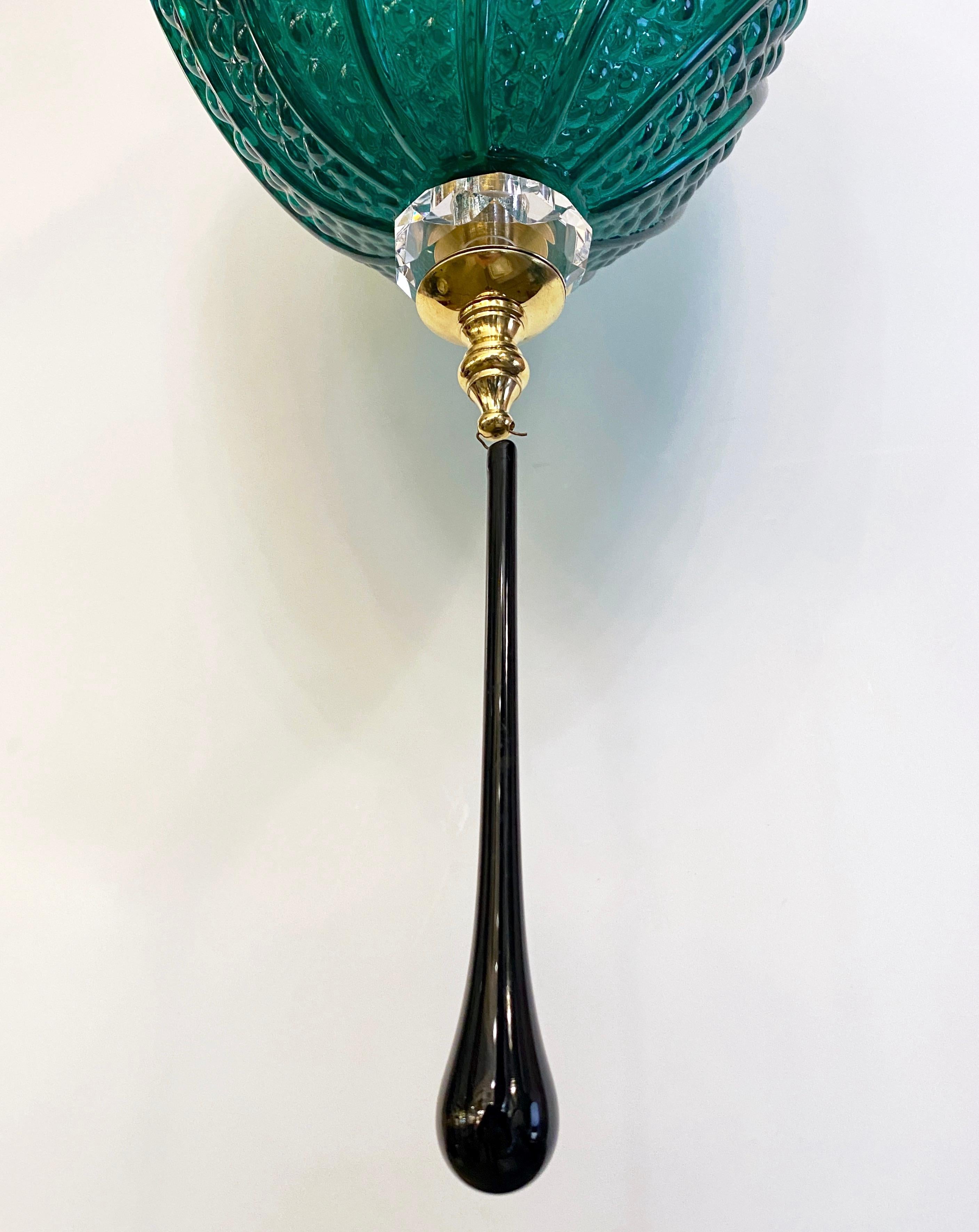 Bespoke Italian Oval Black Crystal Green Murano Glass Brass Egg Pendant Light For Sale 11
