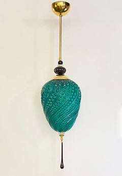 Bespoke Italian Oval Black Crystal Green Murano Glass Brass Egg Pendant Light