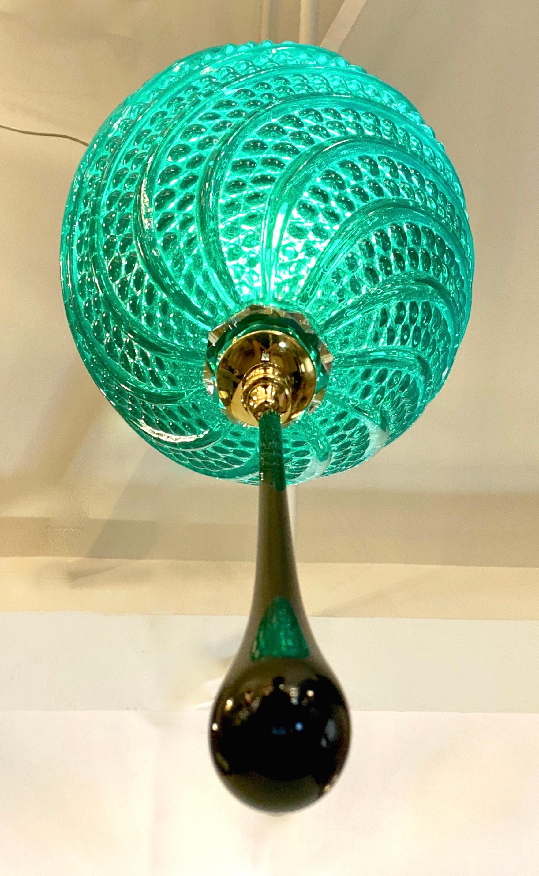 Organic Modern Bespoke Italian Oval Black Crystal Green Murano Glass Brass Egg Pendant Light For Sale