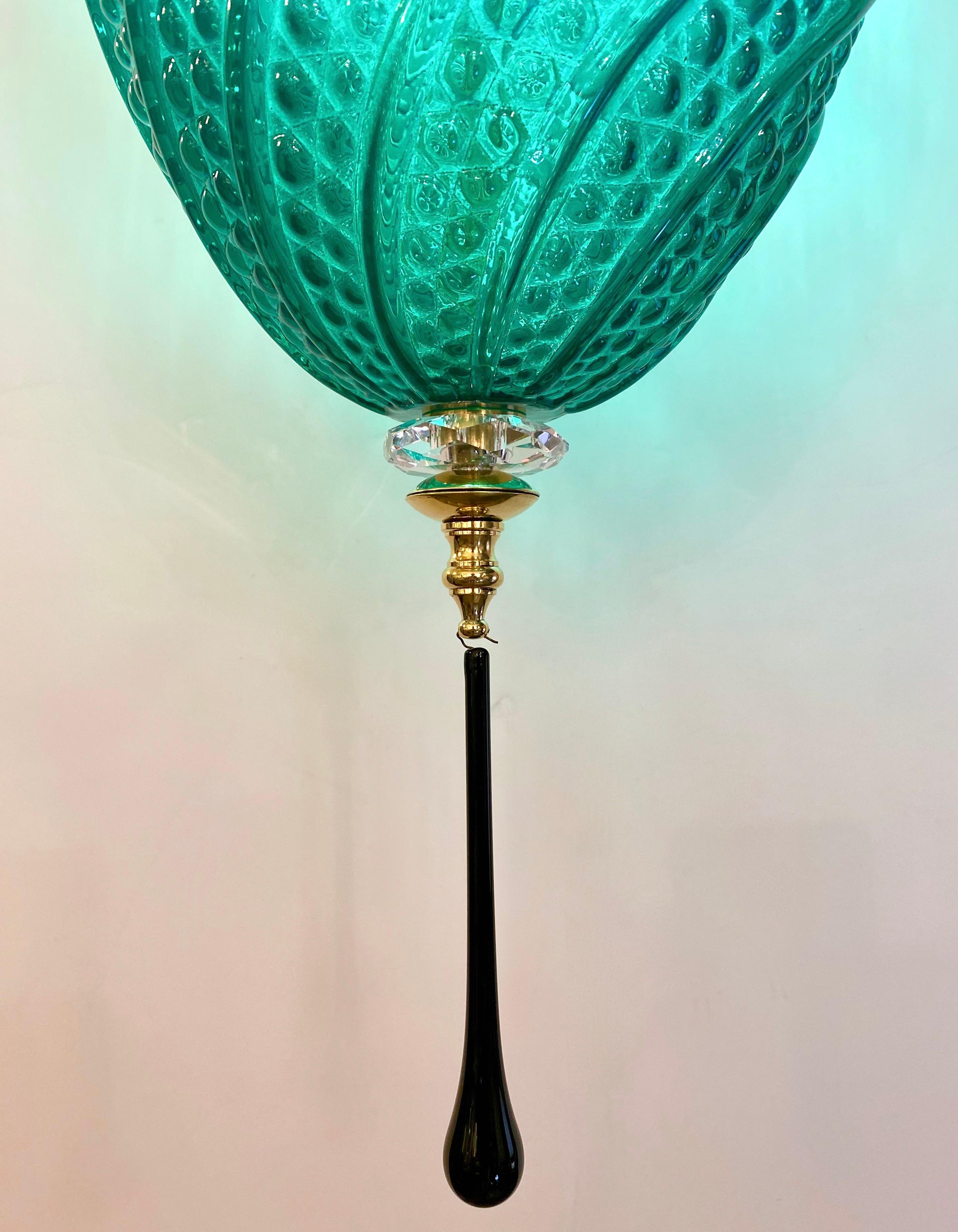 Bespoke Italian Oval Black Crystal Green Murano Glass Brass Egg Pendant Light For Sale 1