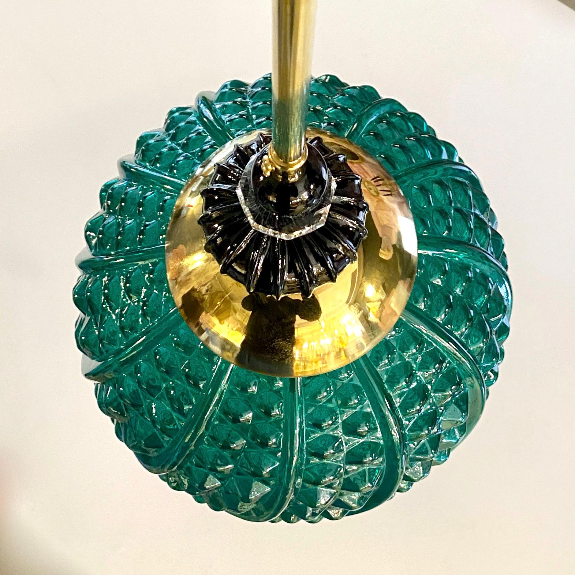 Bespoke Italian Oval Black Crystal Green Murano Glass Brass Egg Pendant Light For Sale 2