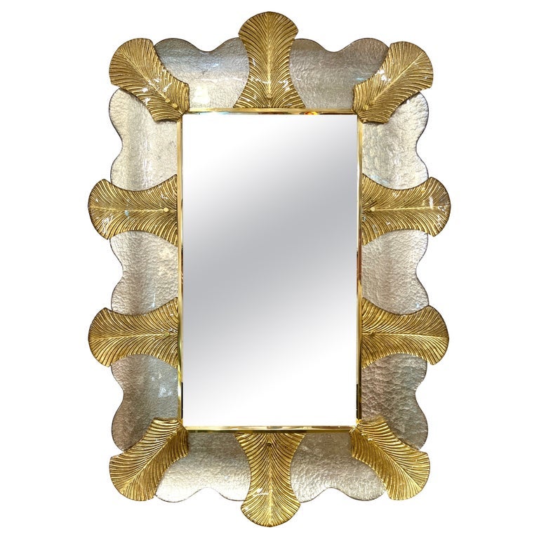 Bespoke Italian Pair of Art Deco Style Curved Leaf Murano Glass Brass Mirror For Sale 7