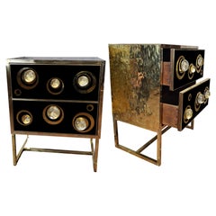 Bespoke Italian Pair of Black Nightstands Murano Spheres and Brass Available