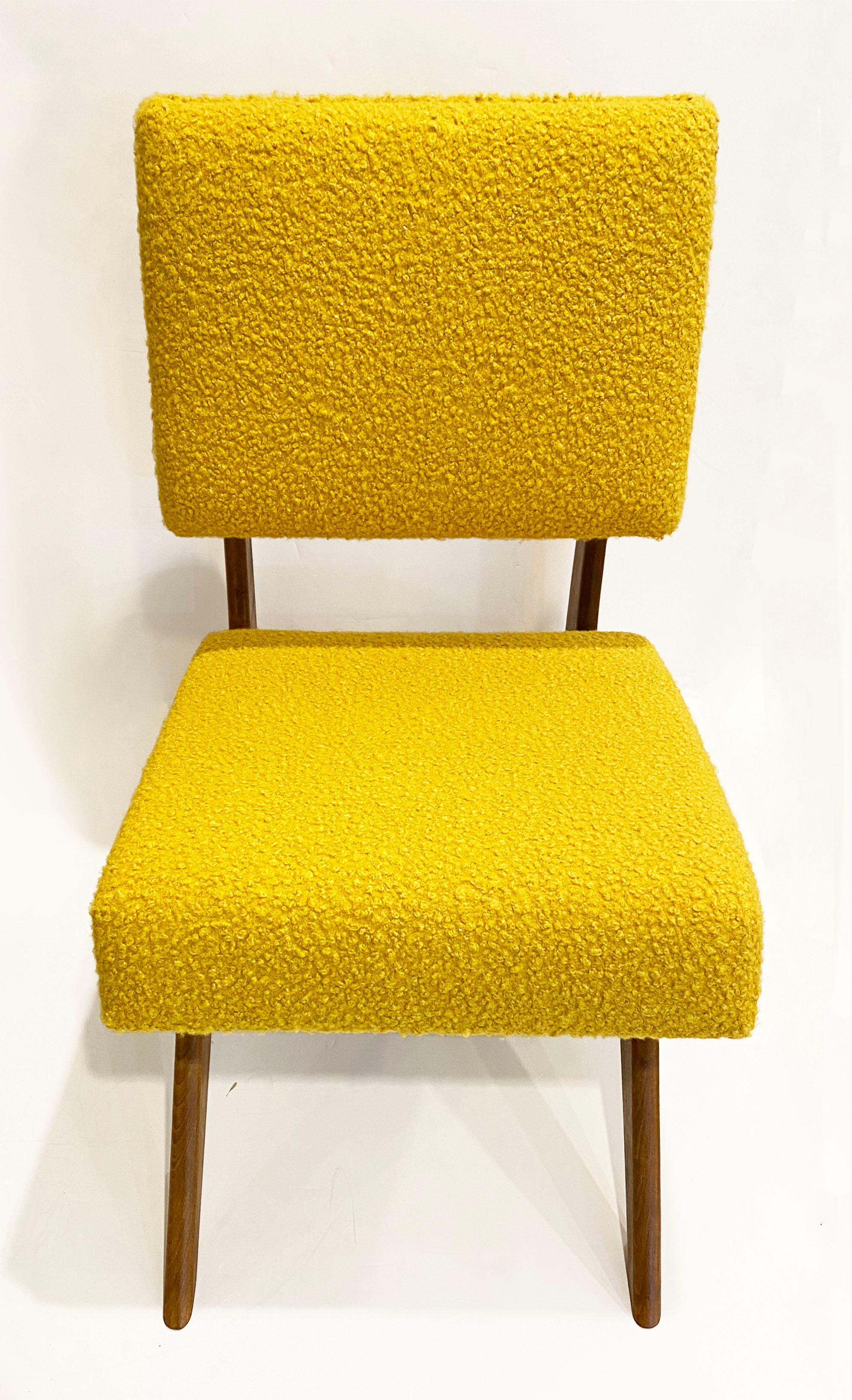Bespoke Italian Pair of Boucle Mustard Yellow Aero Curved Beech Lounge Chairs For Sale 3
