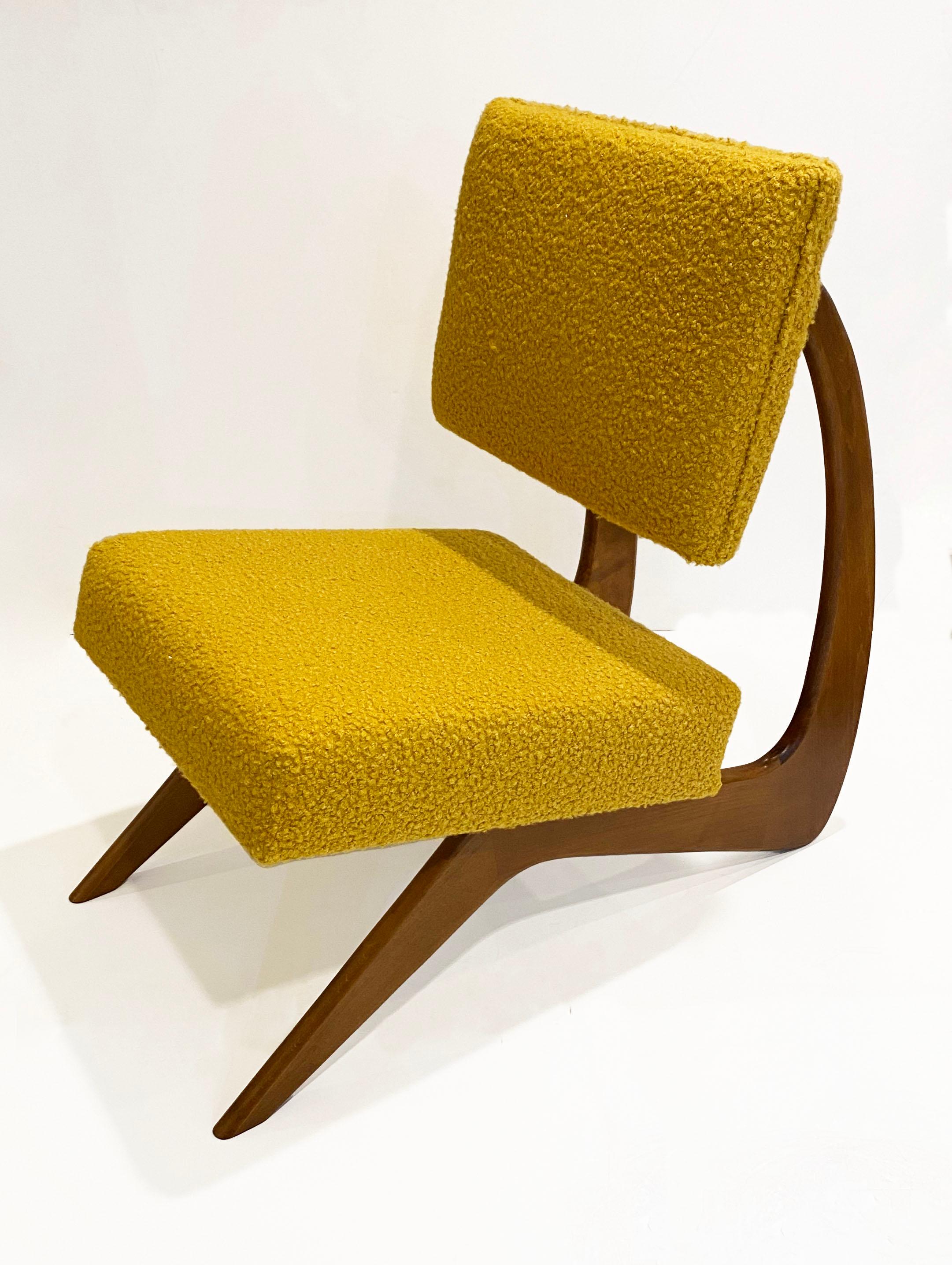 Bespoke Italian Pair of Boucle Mustard Yellow Aero Curved Beech Lounge Chairs For Sale 4