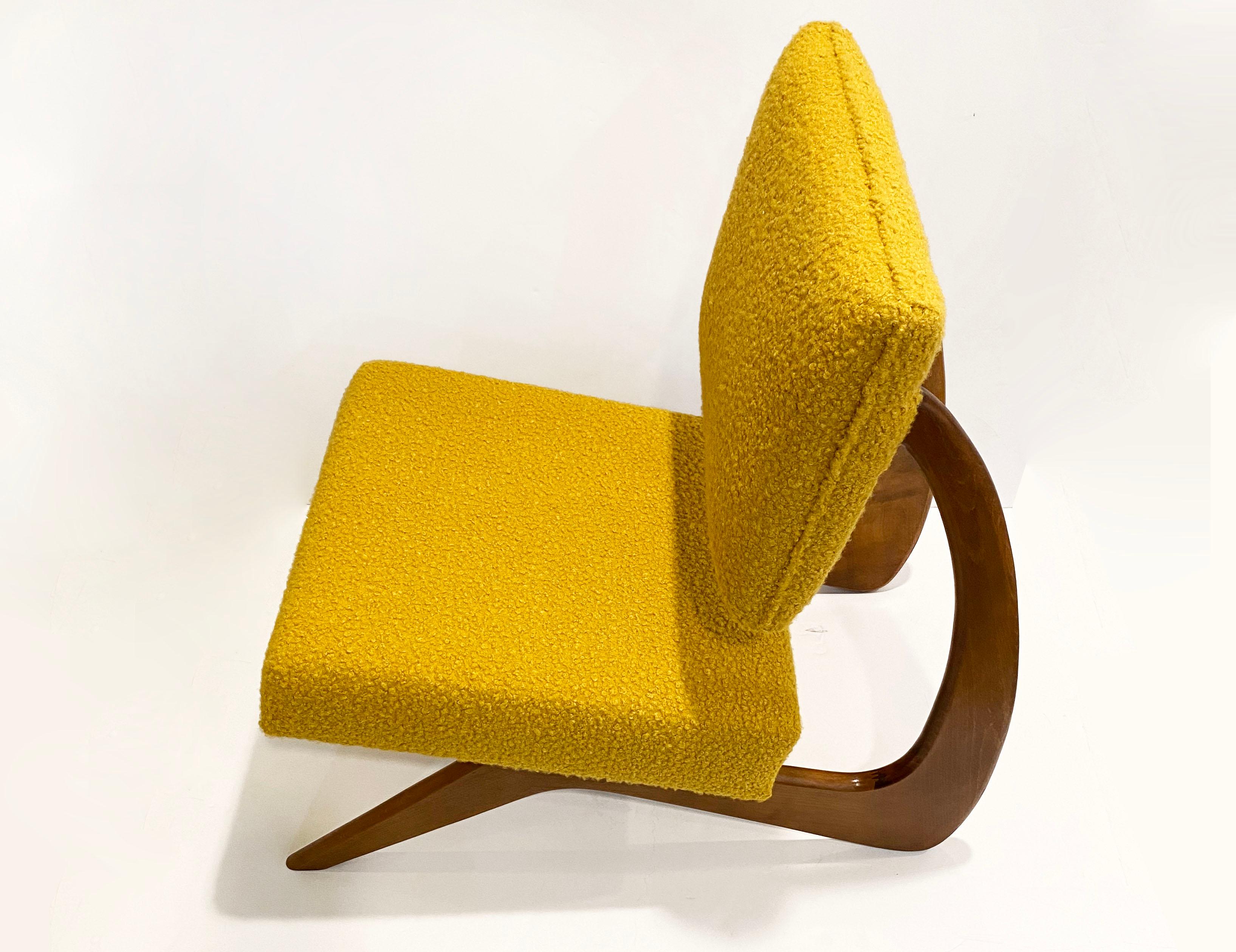 Bespoke Italian Pair of Boucle Mustard Yellow Aero Curved Beech Lounge Chairs For Sale 4