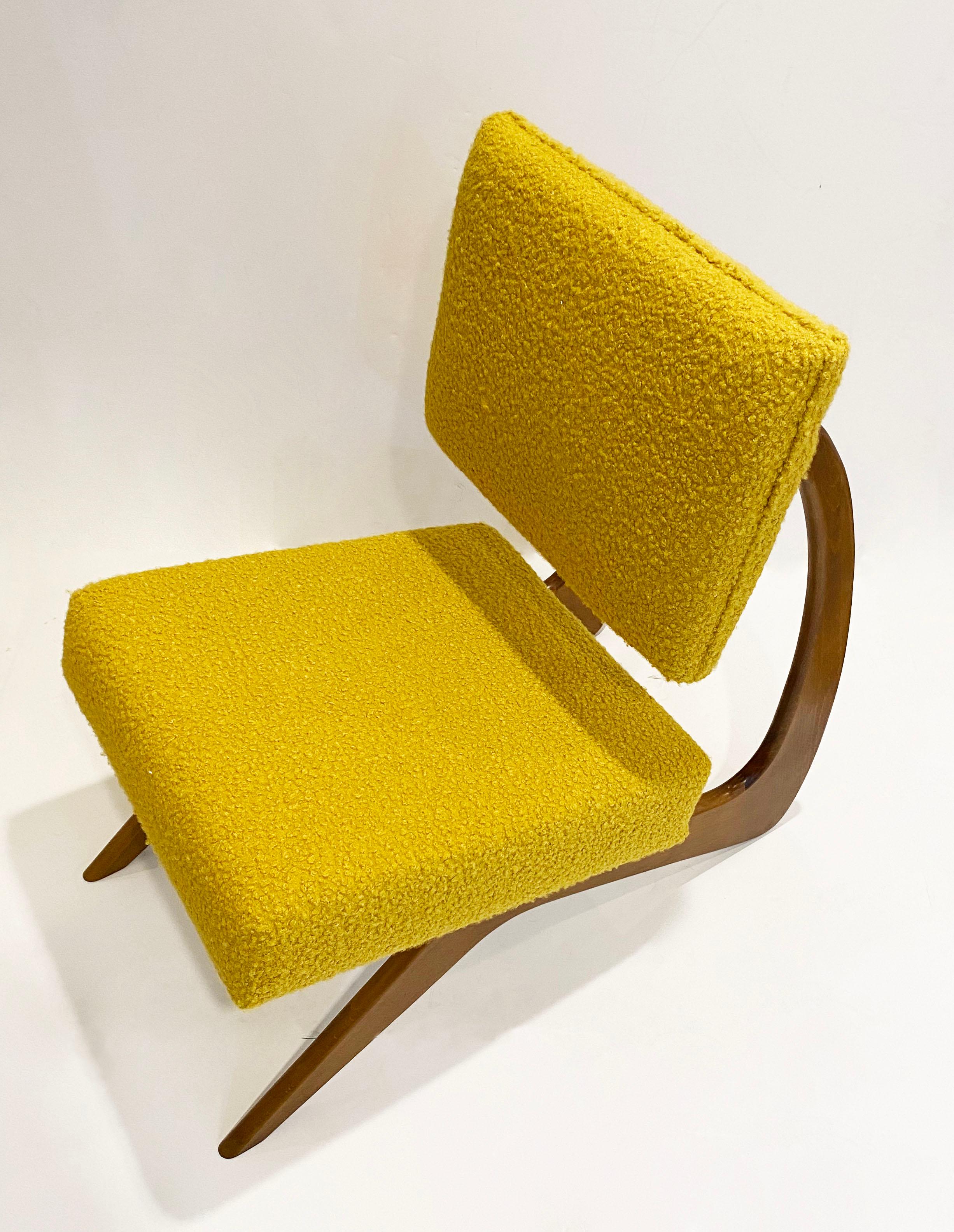 Bespoke Italian Pair of Boucle Mustard Yellow Aero Curved Beech Lounge Chairs For Sale 6