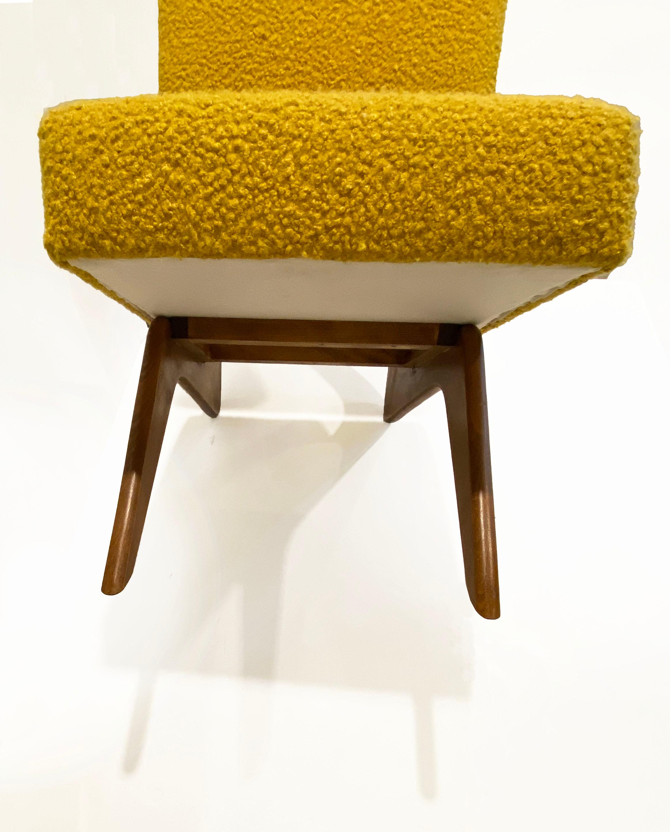 Bespoke Italian Pair of Boucle Mustard Yellow Aero Curved Beech Lounge Chairs For Sale 8