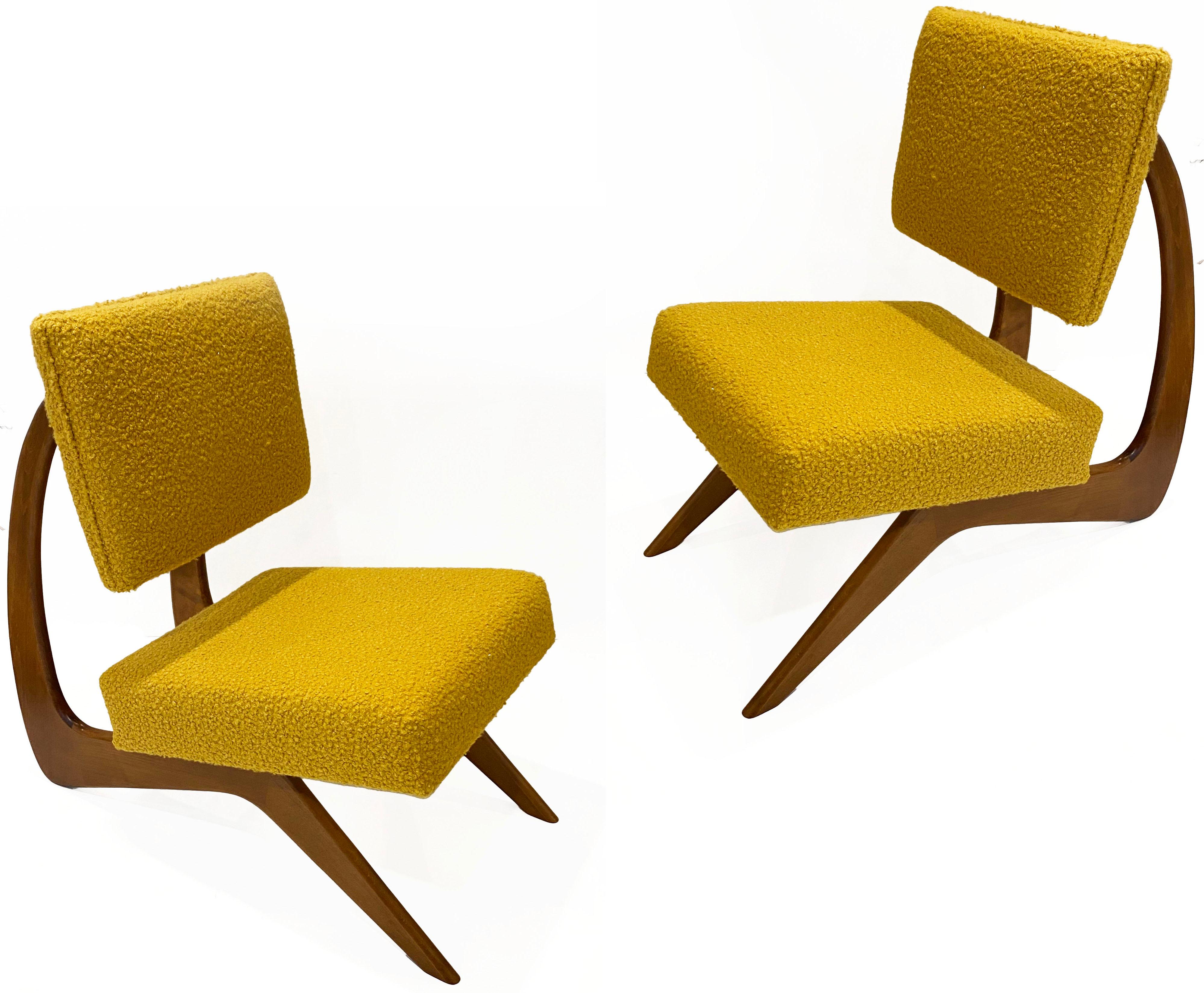 Organic Modern Bespoke Italian Pair of Boucle Mustard Yellow Aero Curved Beech Lounge Chairs For Sale