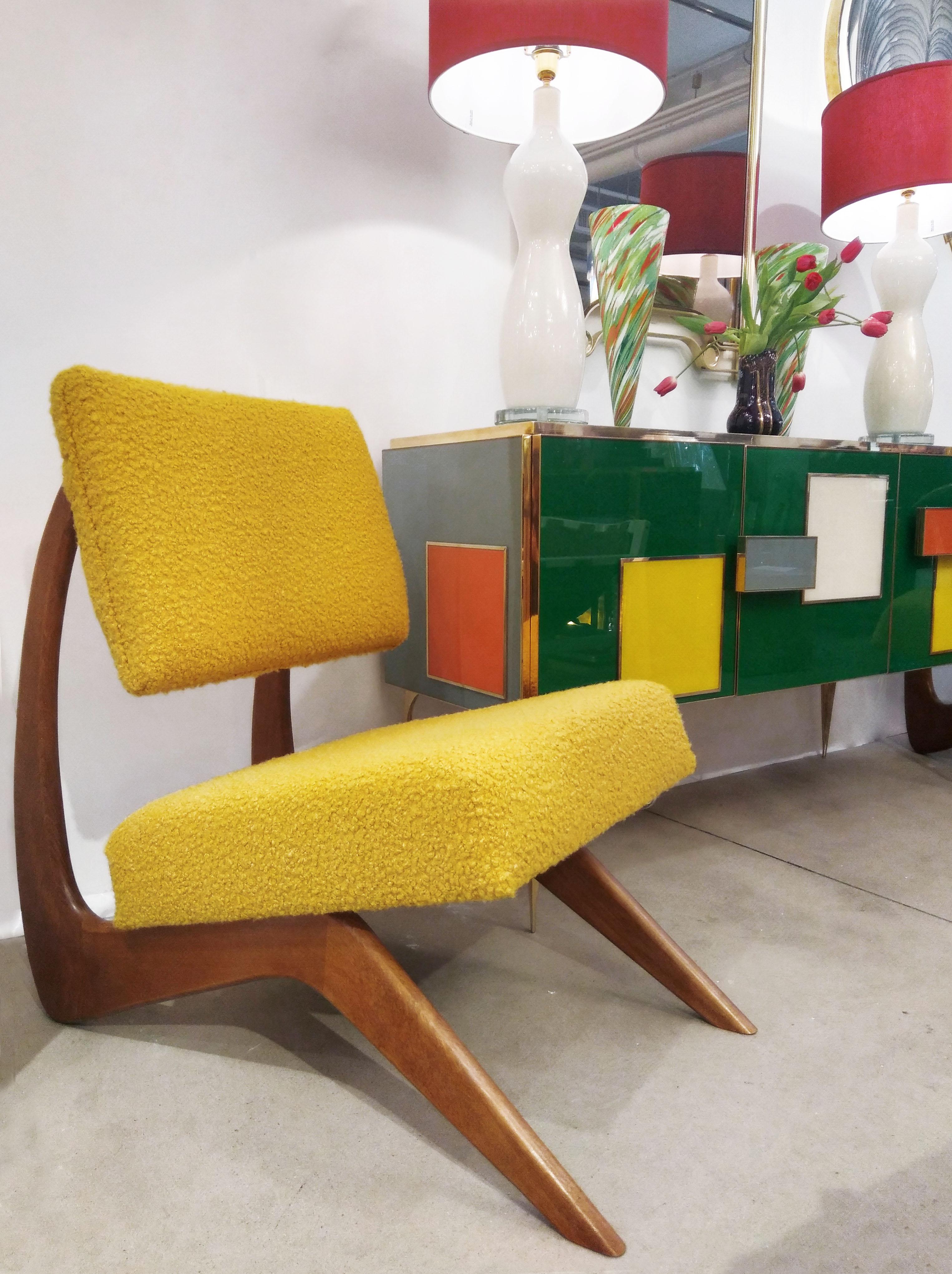 Hand-Crafted Bespoke Italian Pair of Boucle Mustard Yellow Aero Curved Beech Lounge Chairs For Sale