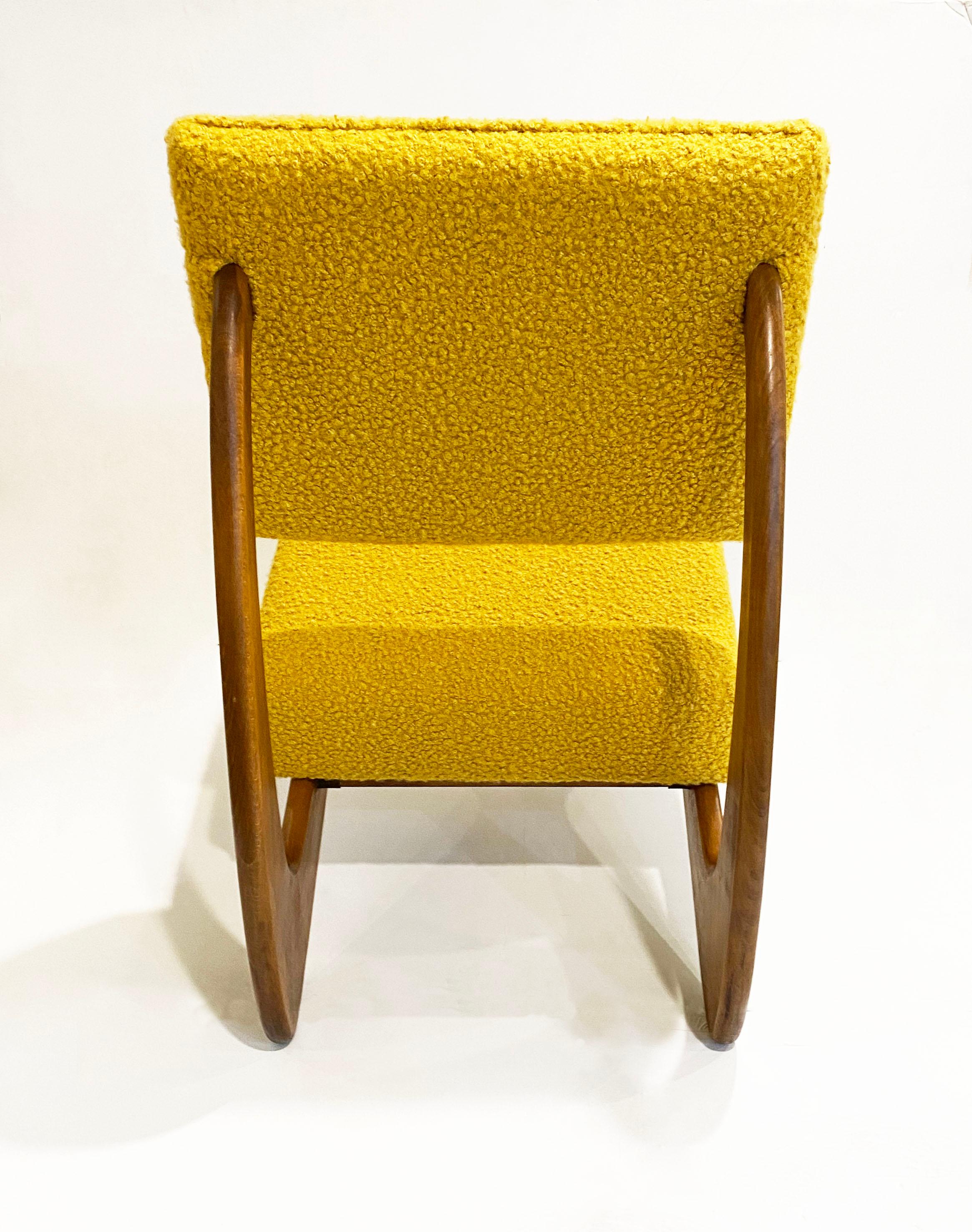 Hand-Crafted Bespoke Italian Pair of Boucle Mustard Yellow Aero Curved Beech Lounge Chairs For Sale