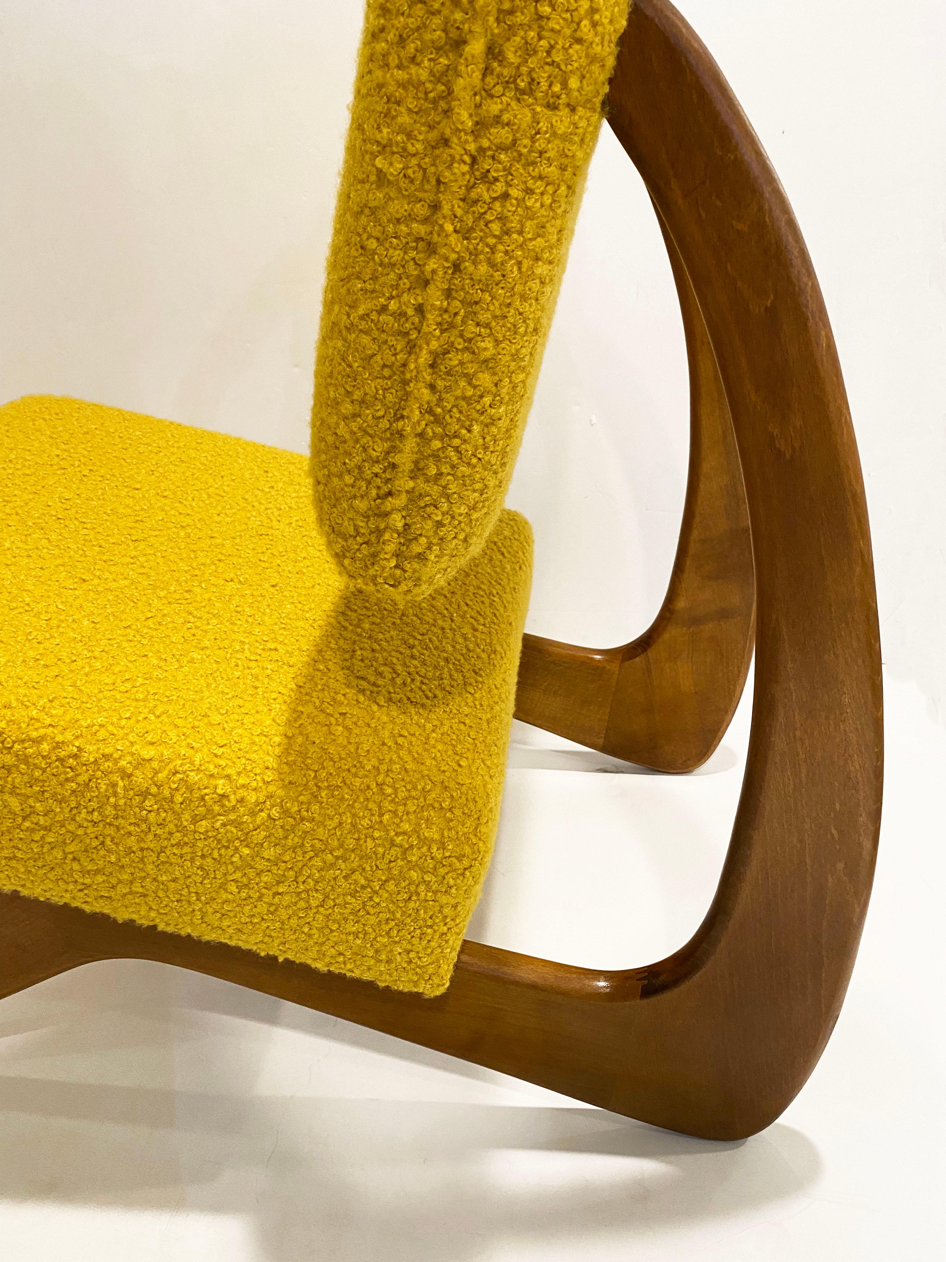 Contemporary Bespoke Italian Pair of Boucle Mustard Yellow Aero Curved Beech Lounge Chairs For Sale