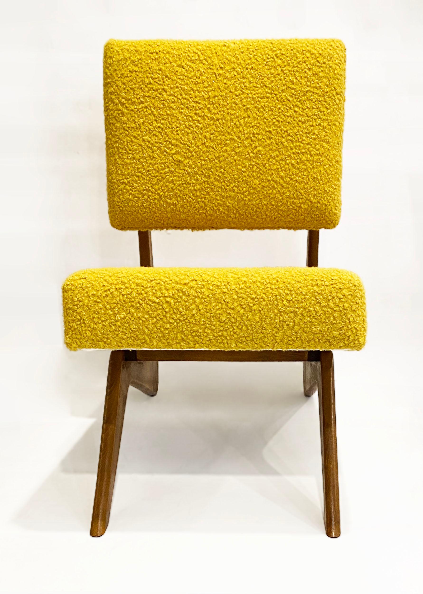 Fabric Bespoke Italian Pair of Boucle Mustard Yellow Aero Curved Beech Lounge Chairs For Sale