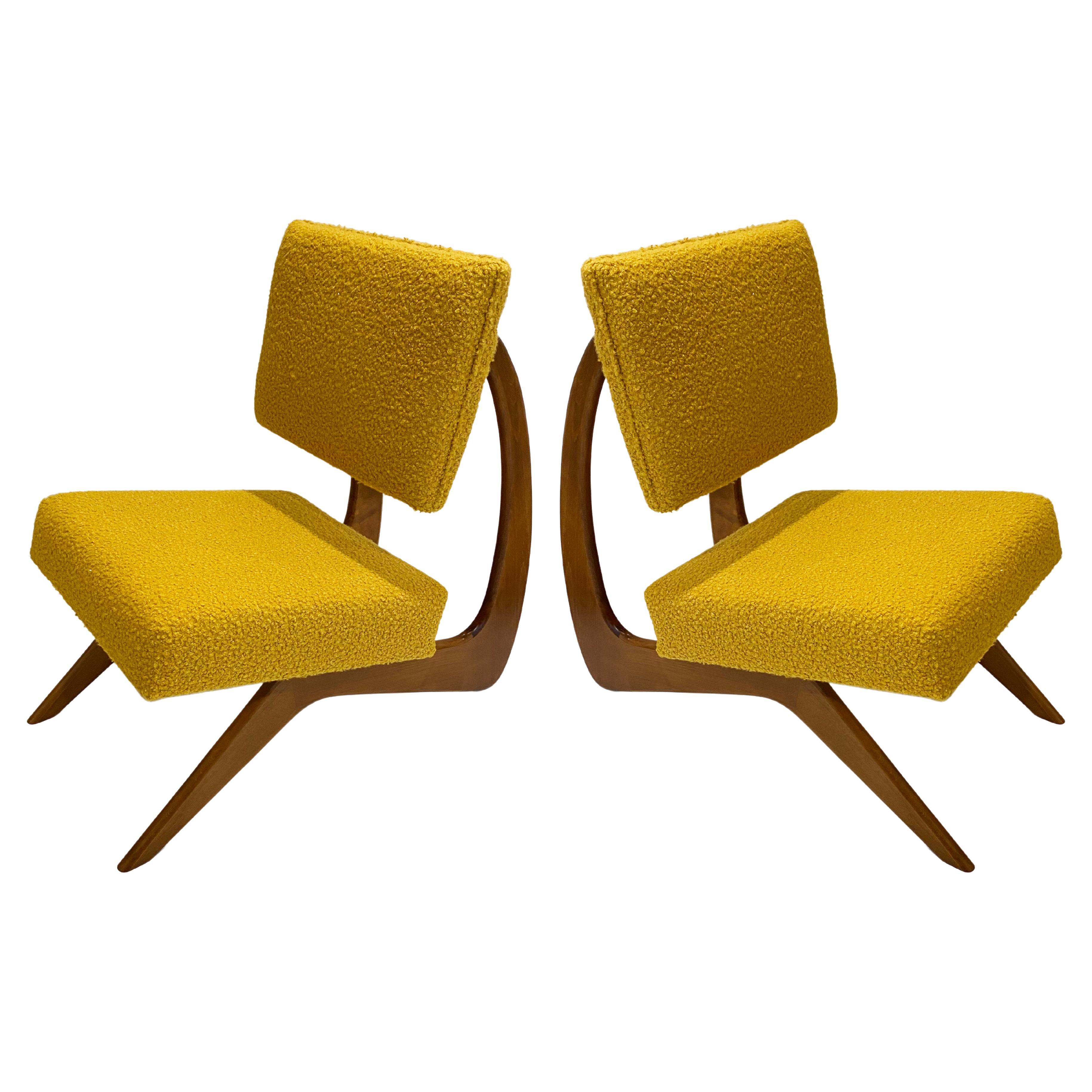 Bespoke Italian Pair of Boucle Mustard Yellow Aero Curved Beech Lounge Chairs For Sale