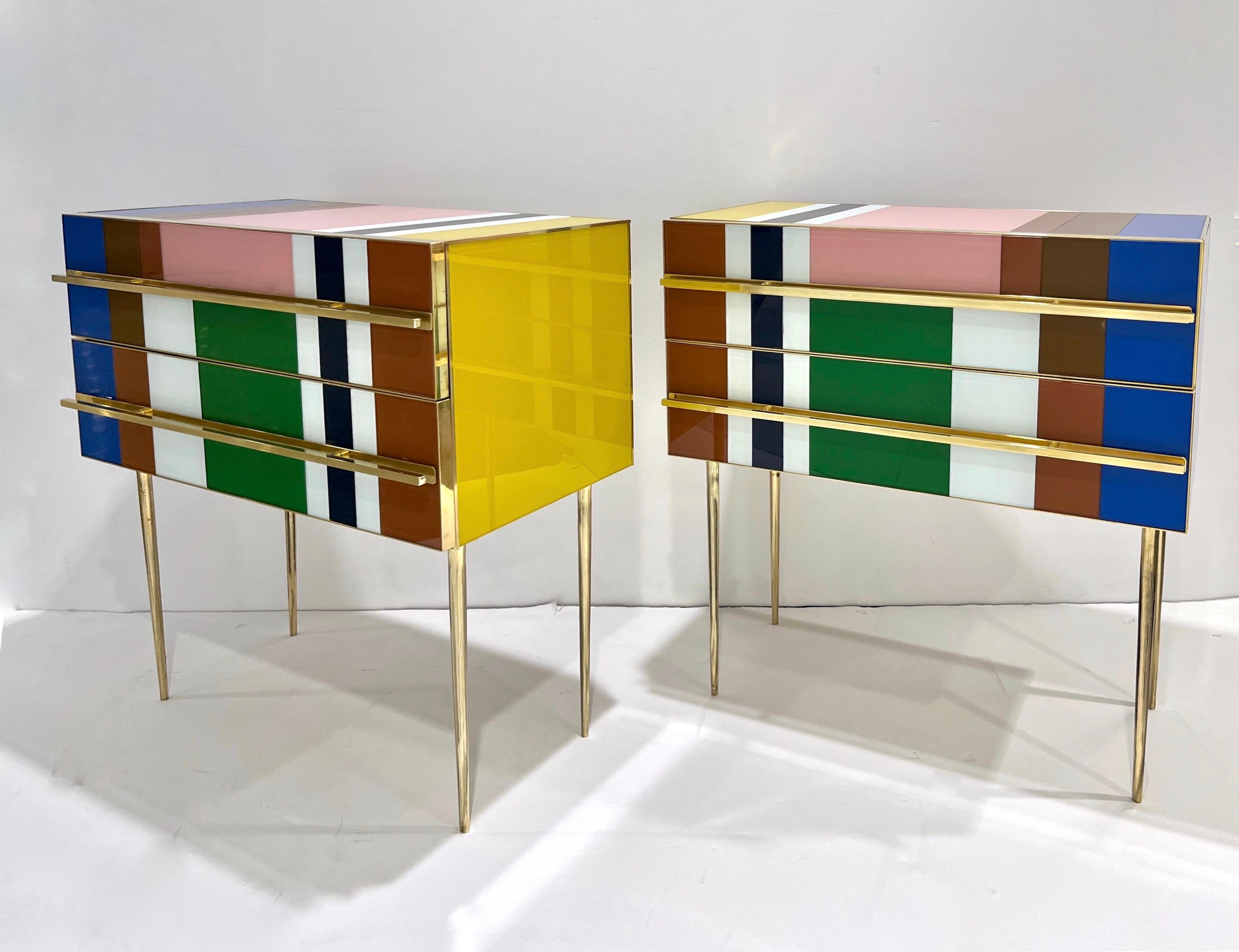 Post-Modern Bespoke Italian Pair of Mondrian Style Blue Green Yellow Chests / End Tables For Sale