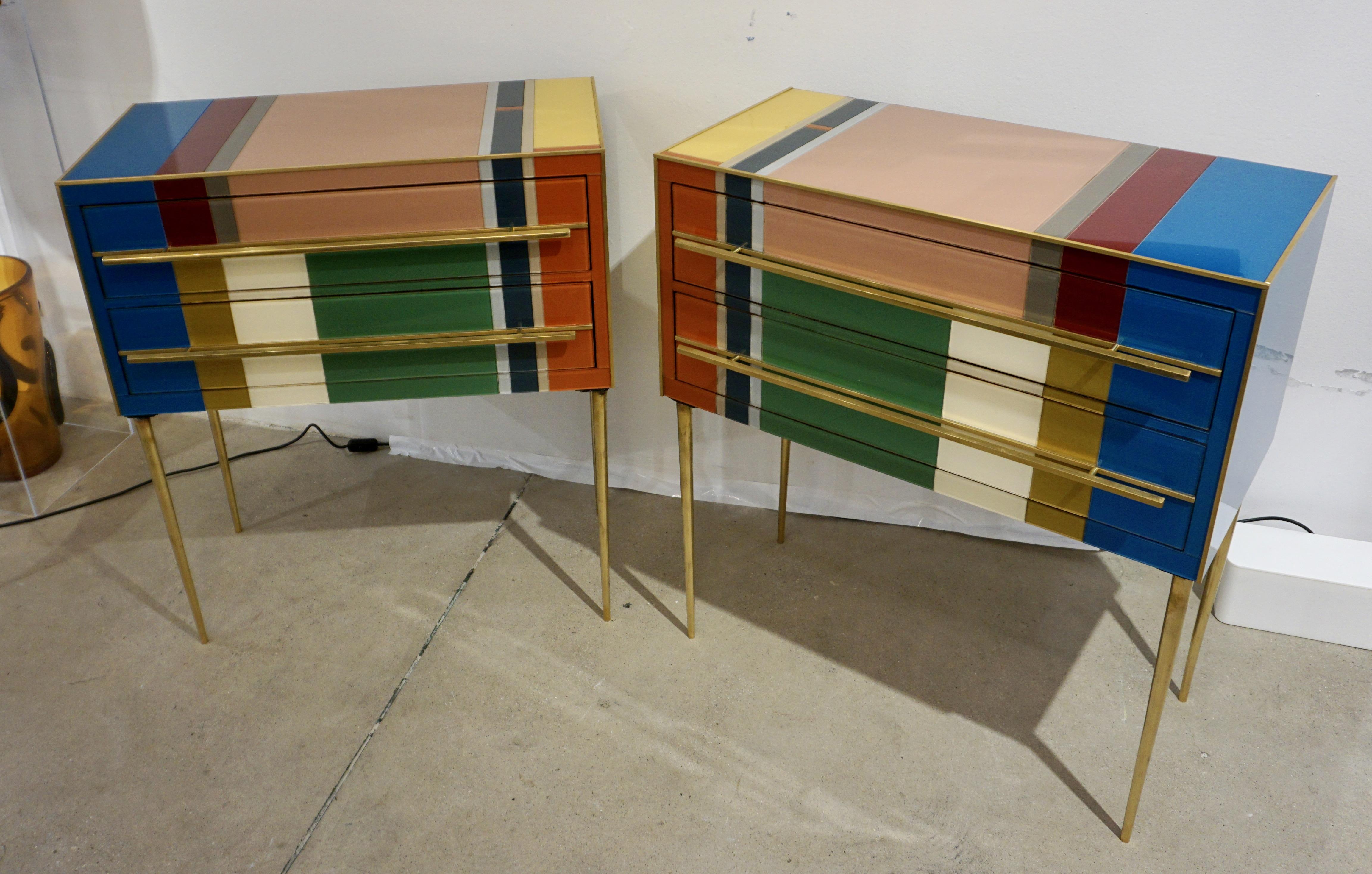 Post-Modern Bespoke Italian Pair of Mondrian Style Blue Green Yellow Chests / End Tables For Sale