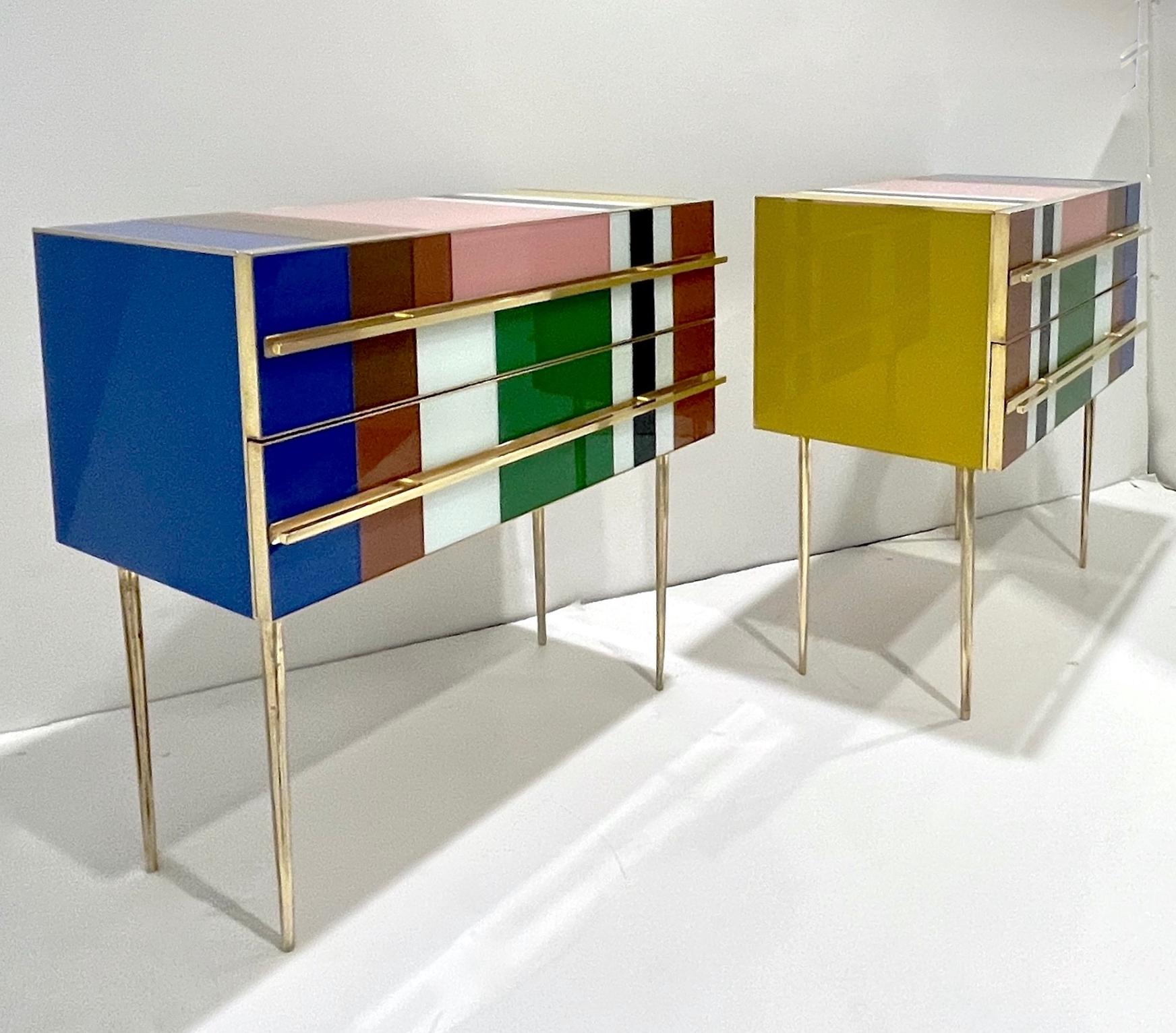 Contemporary Bespoke Italian Pair of Mondrian Style Blue Green Yellow Chests / End Tables For Sale