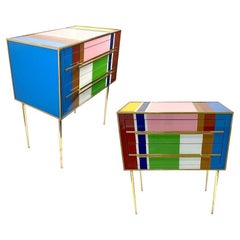 Bespoke Italian Pair of Mondrian Style Blue Green Yellow Chests / End Tables