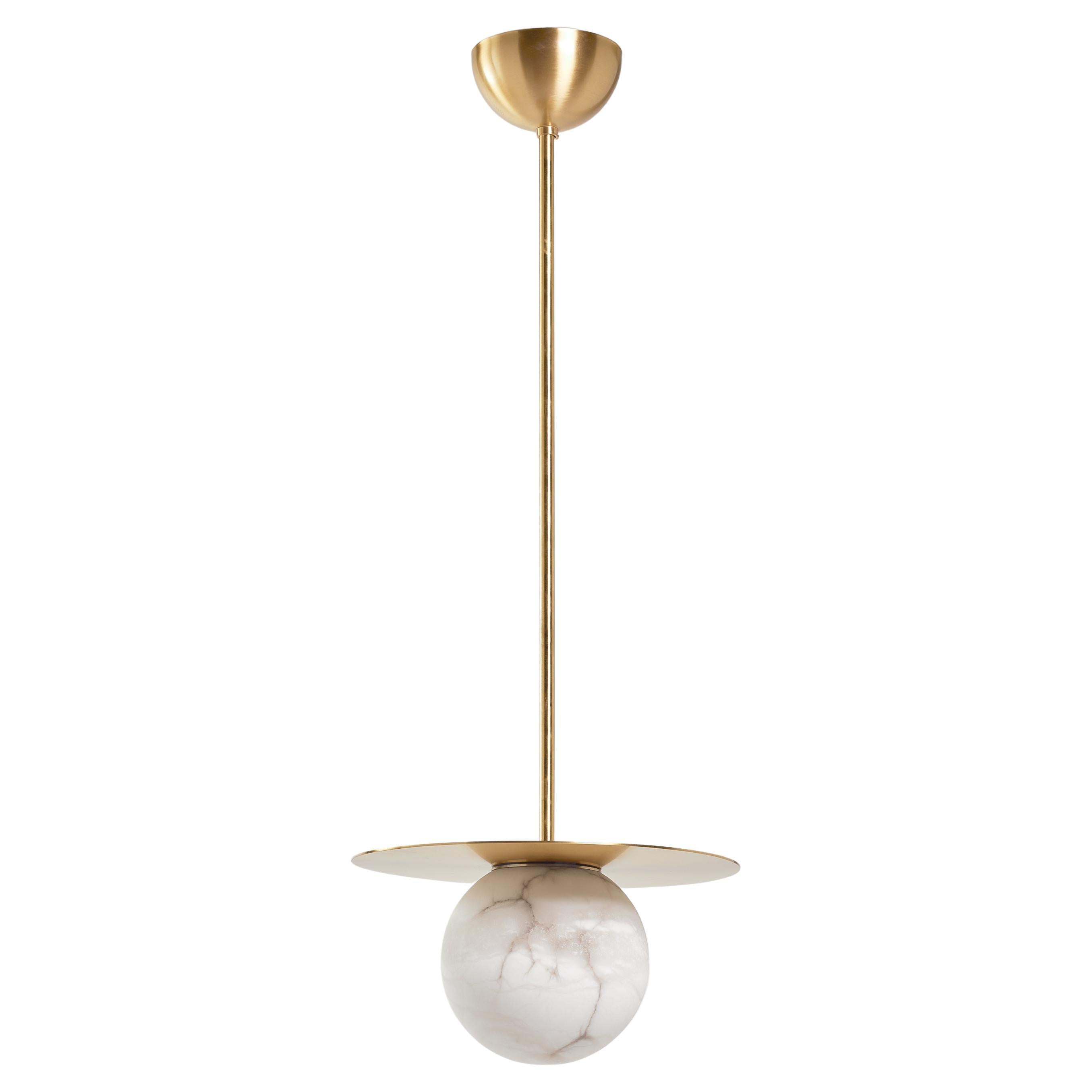 Bespoke Italian Pendat Lamp "Mini Alabaster Moon," in satin brass and alabaster